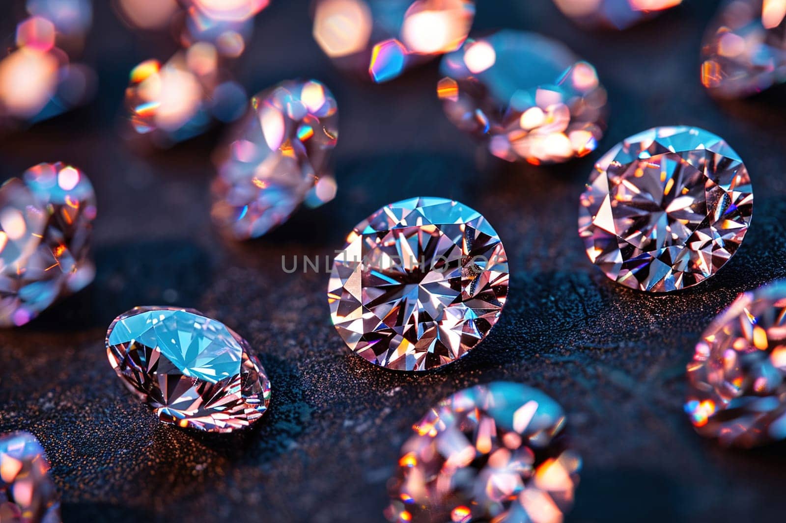 Macro shot of diamond facets reflecting light, showcasing clarity, precision, and captivating sparkle.