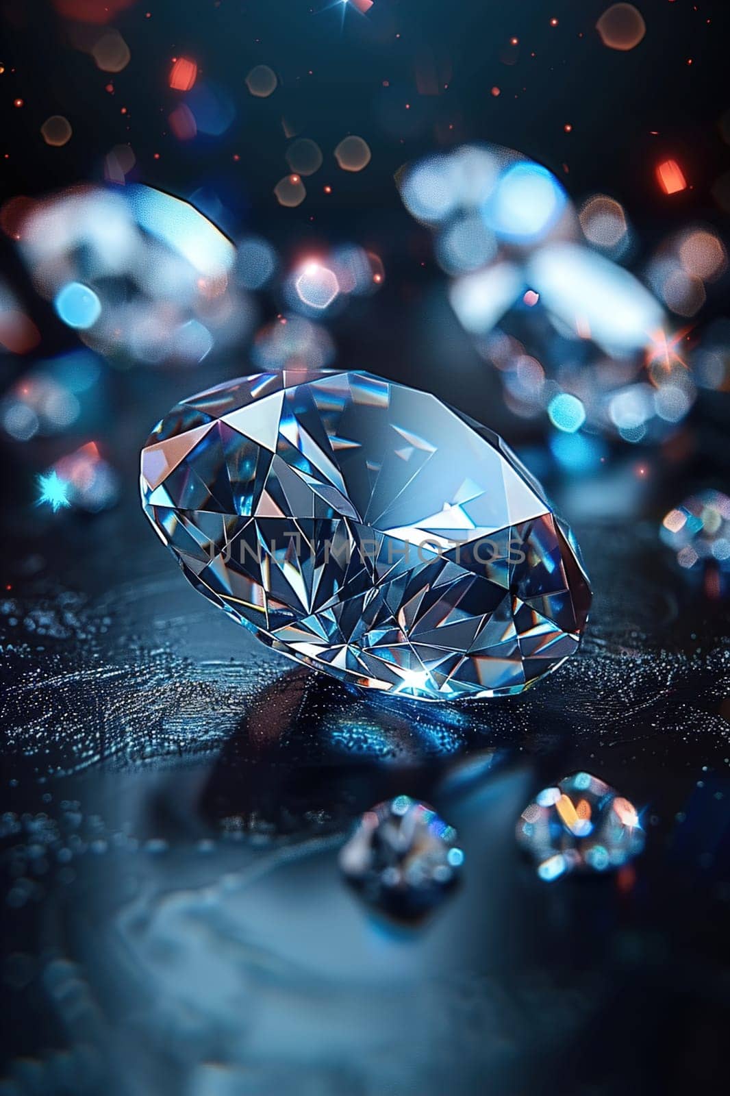 Detailed view of a brilliant diamond with sharp facets, capturing light and creating reflections.