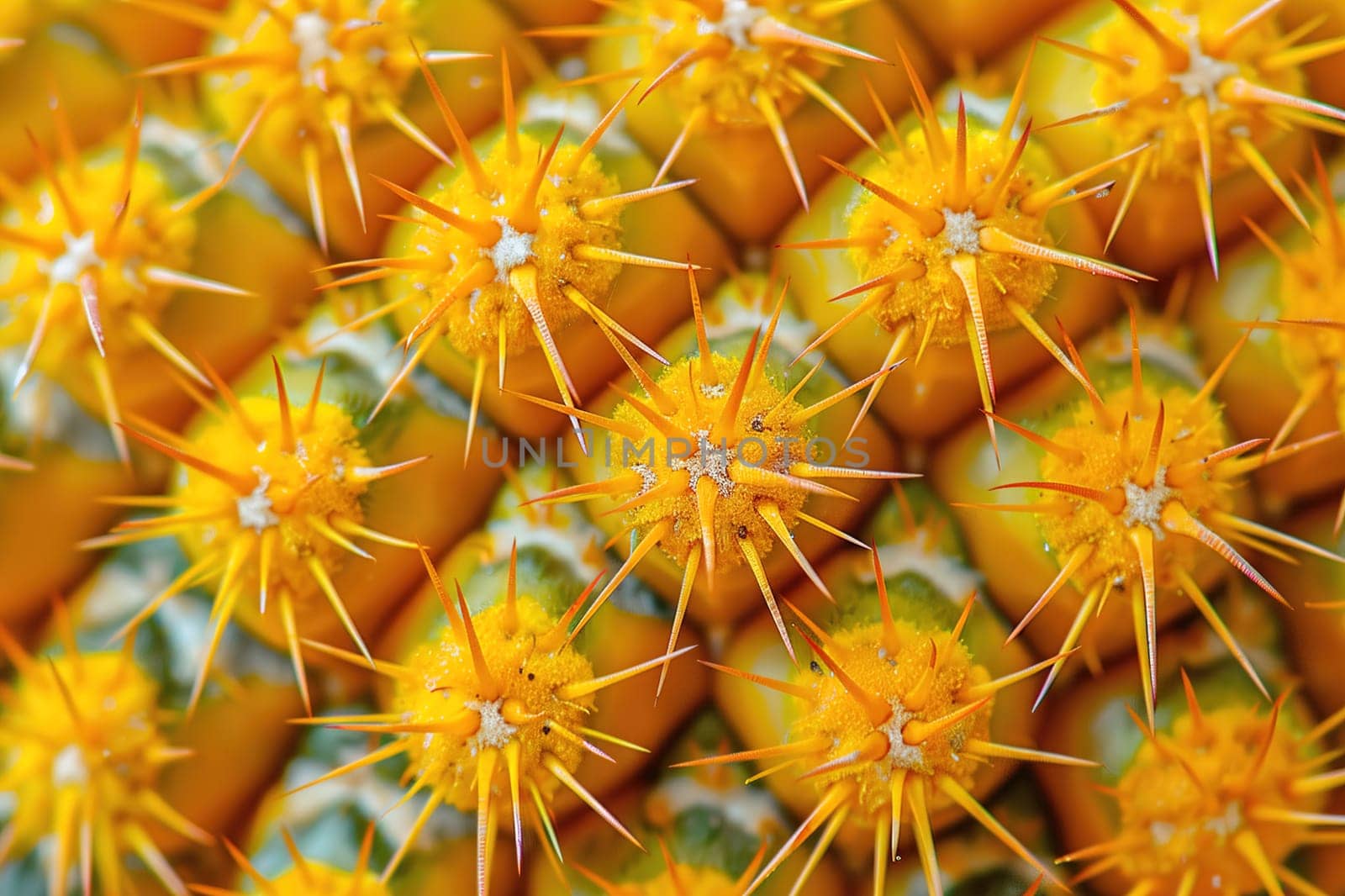 Close-up of a cactus surface, highlighting sharp spines and intricate, textured skin patterns.