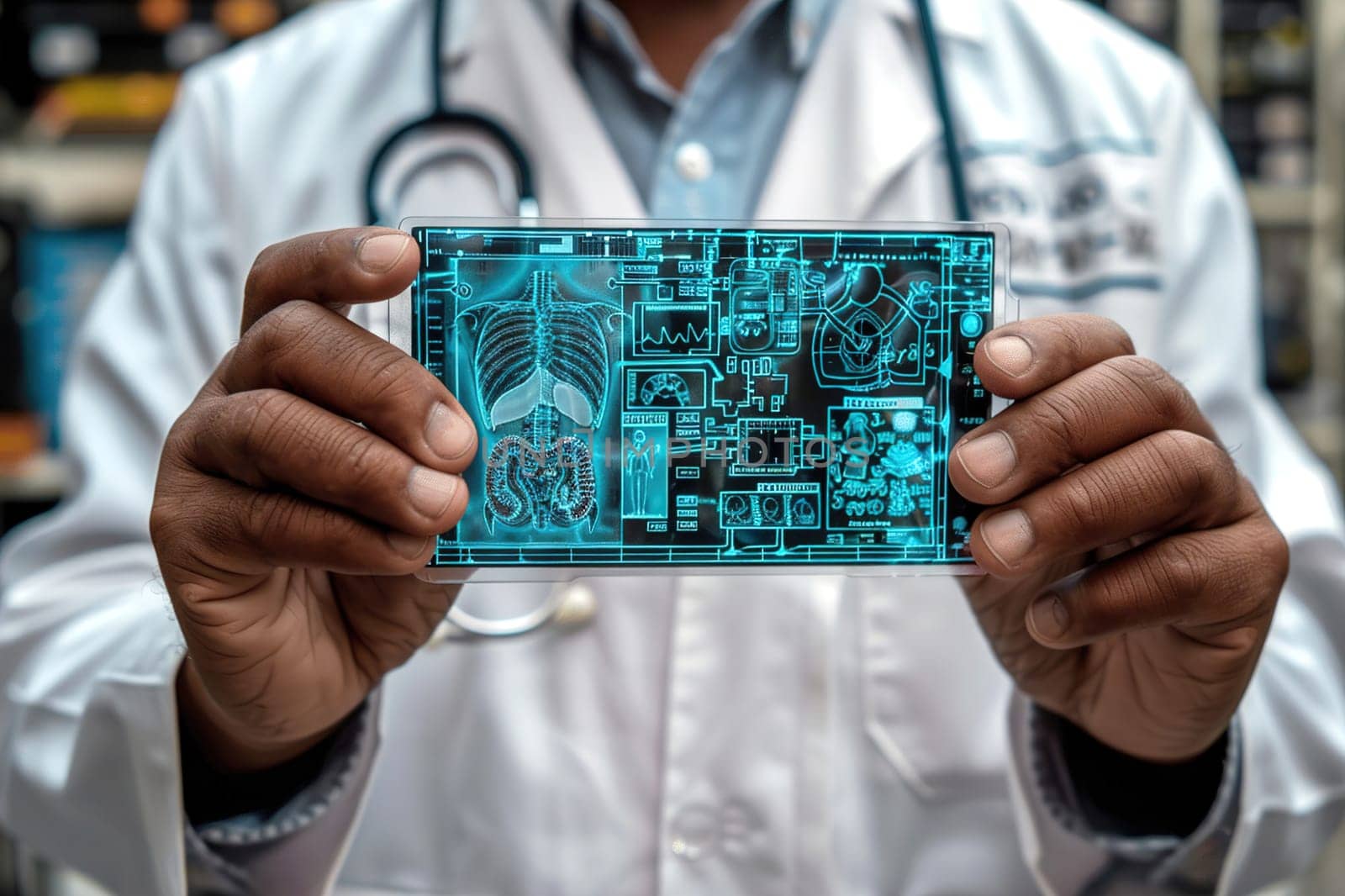 A doctor in a white coat holds a hologram device displaying a digital human body.