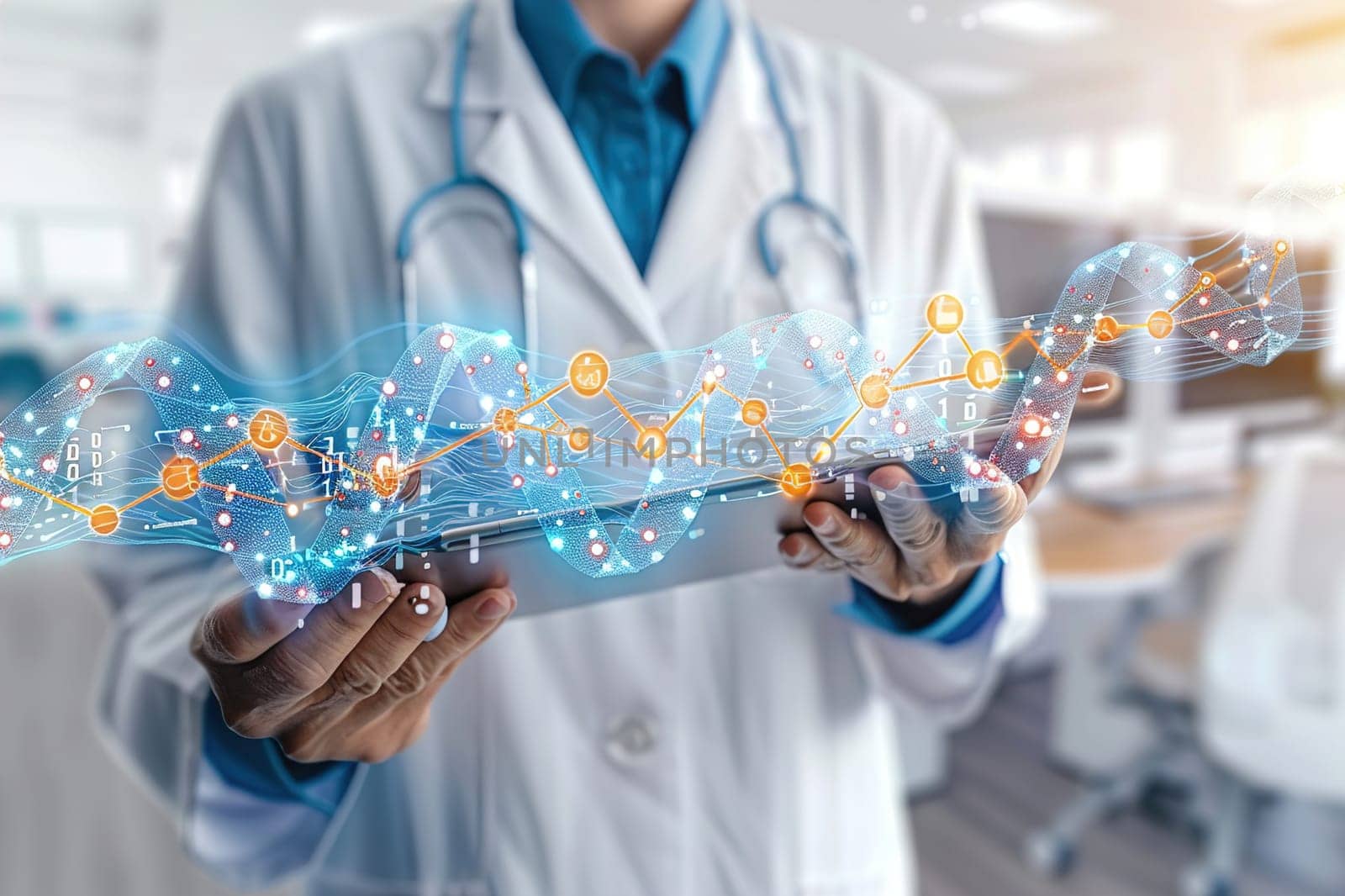 Medical professional using futuristic technology to display a 3D human body on a hologram device.