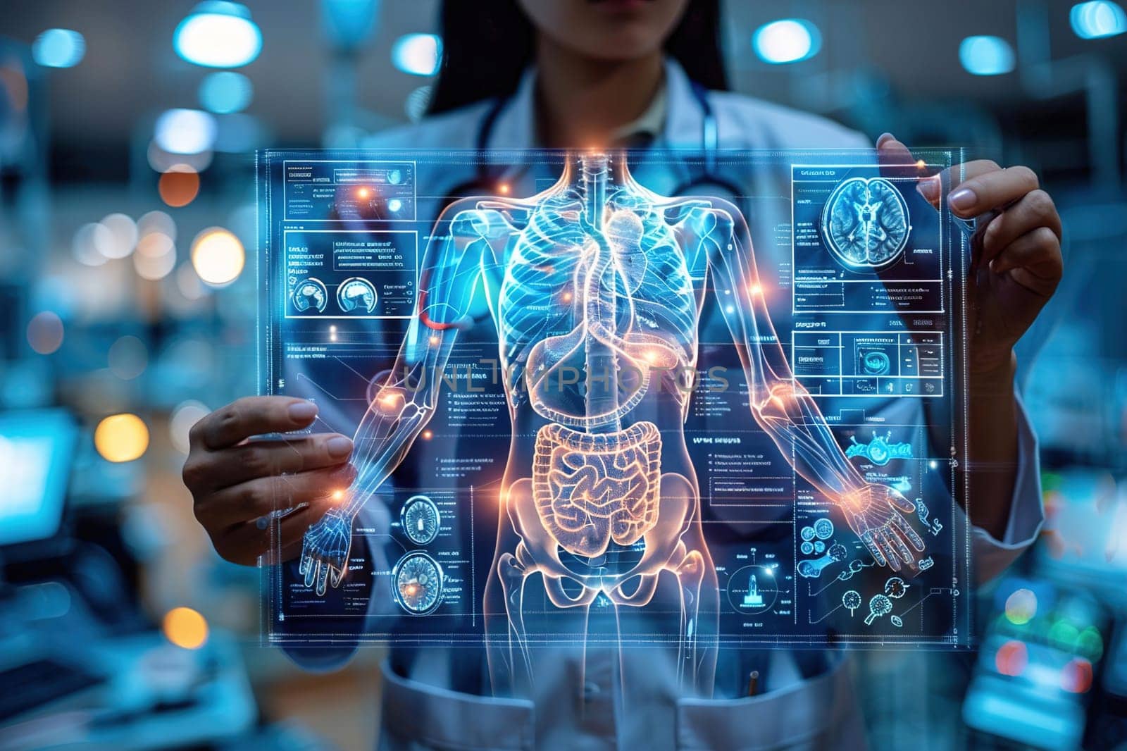 Medical professional using futuristic technology to display a 3D human body on a hologram device.