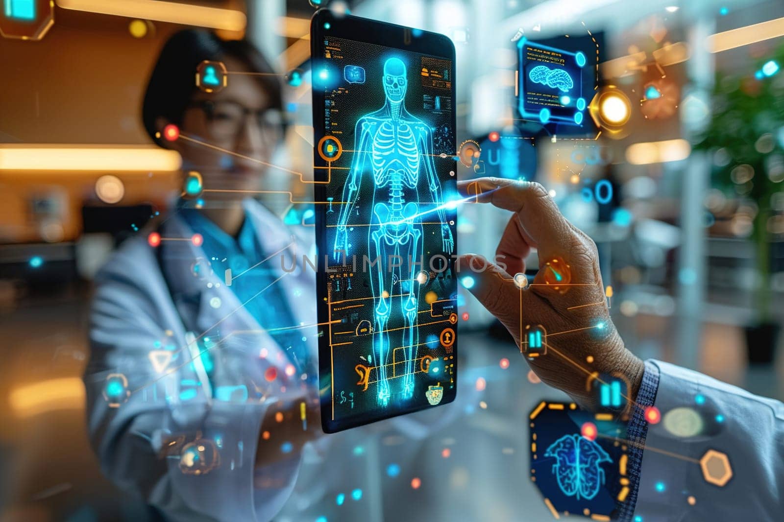 Medical professional using futuristic technology to display a 3D human body on a hologram device.