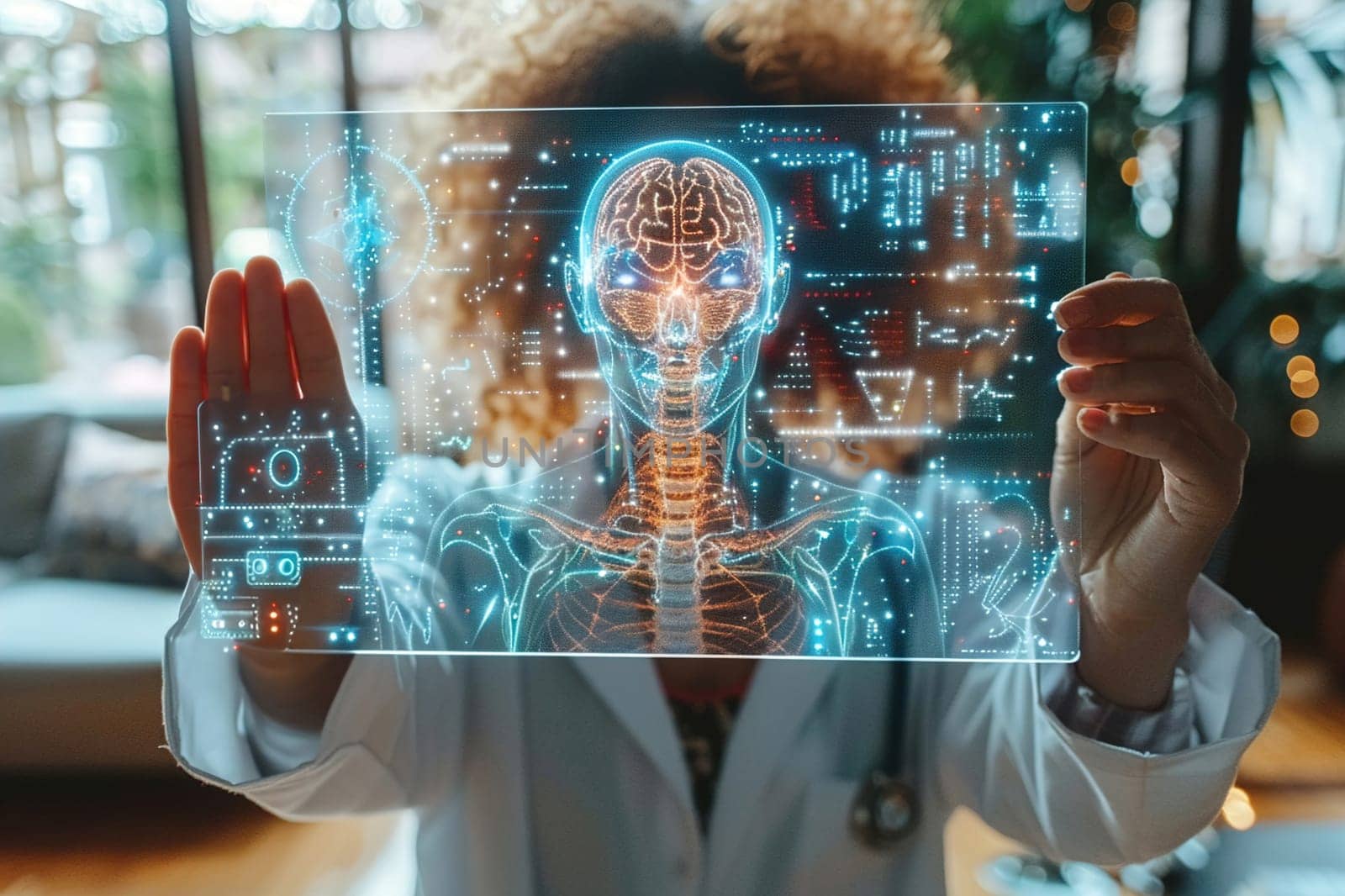 Medical professional using futuristic technology to display a 3D human body on a hologram device.