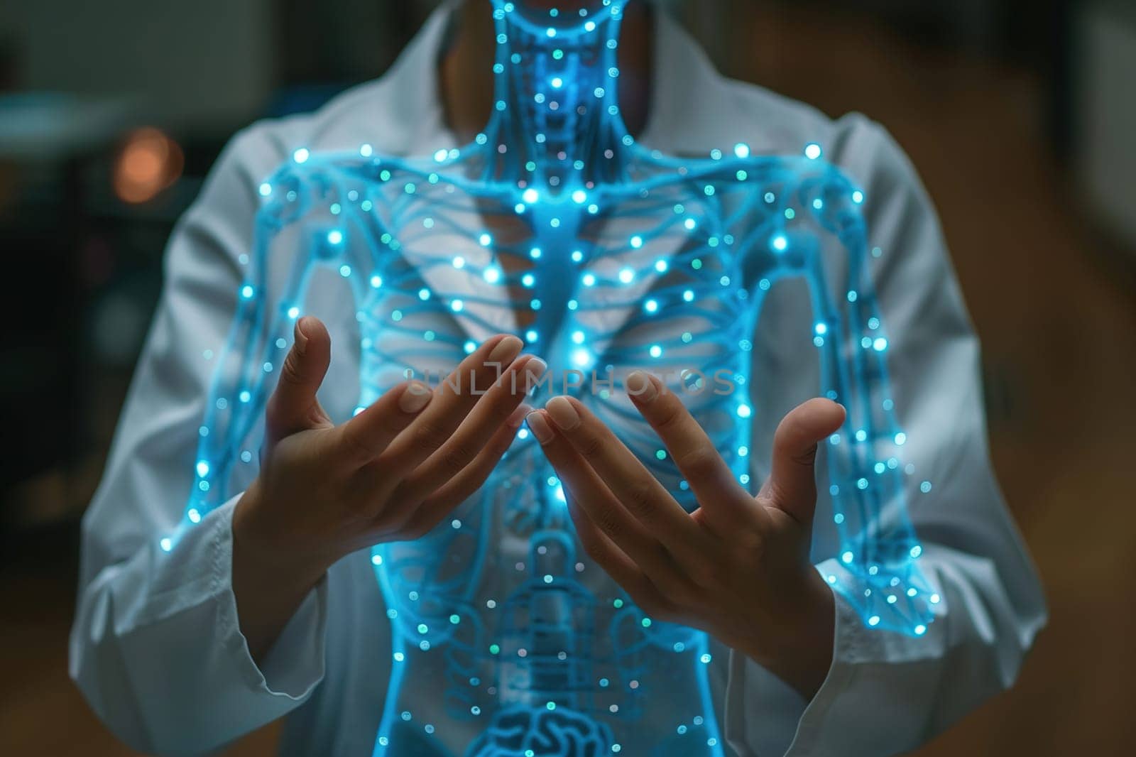 Doctor interacting with a digital body visualization on a hologram device in a modern clinic.