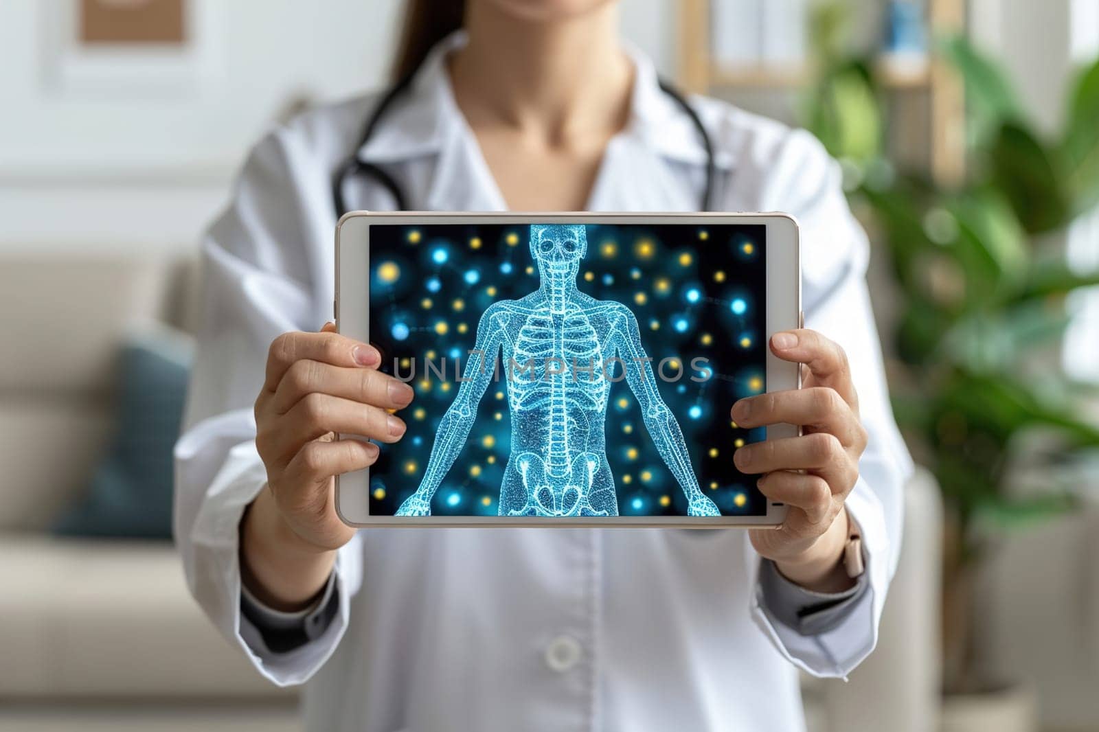 Doctor interacting with a digital body visualization on a hologram device in a modern clinic.