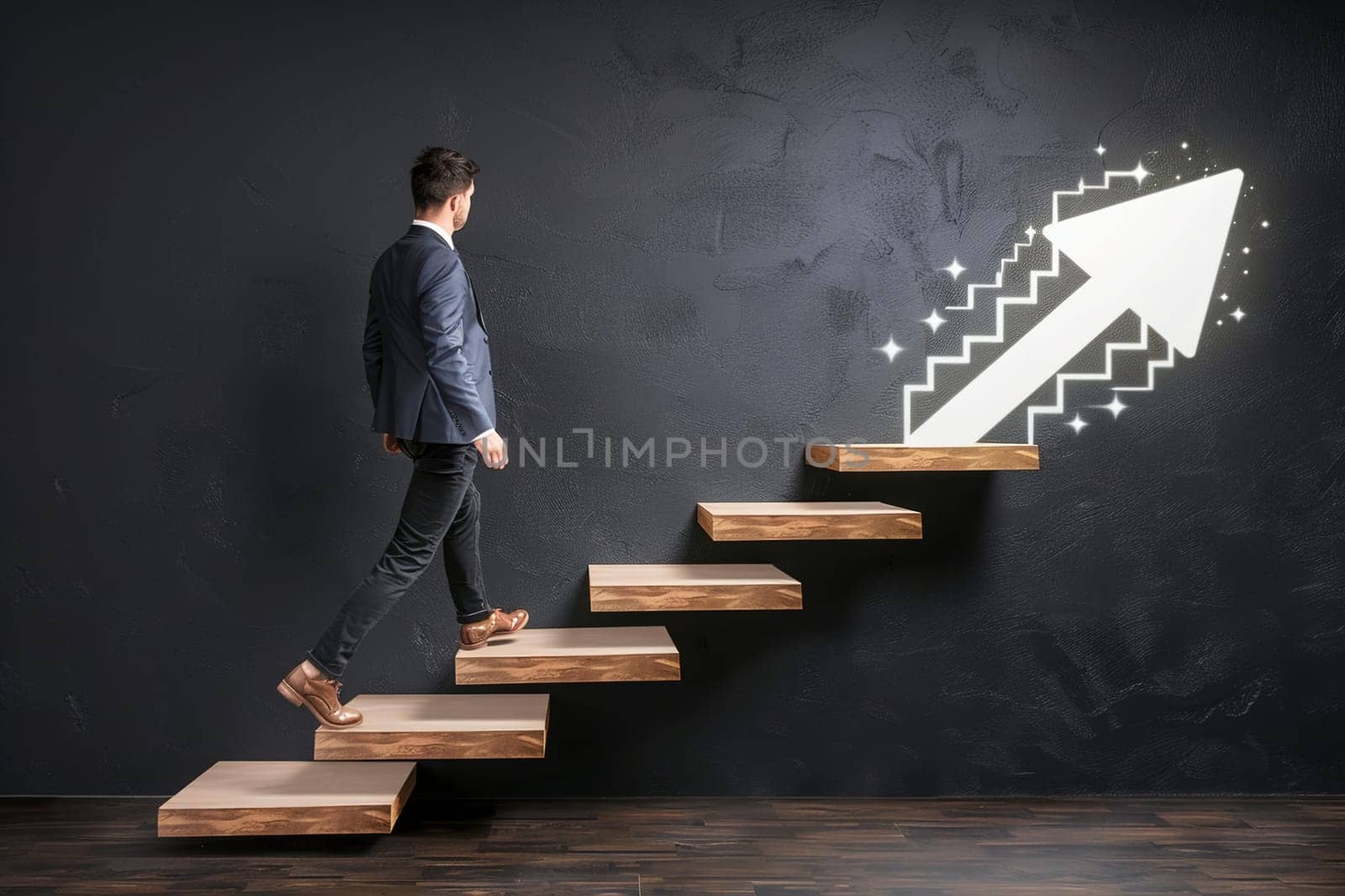 Man walking up a futuristic, glowing arrow-shaped staircase in a sleek, corporate environment.