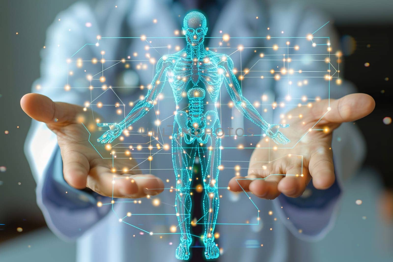 Doctor interacting with a digital body visualization on a hologram device in a modern clinic.