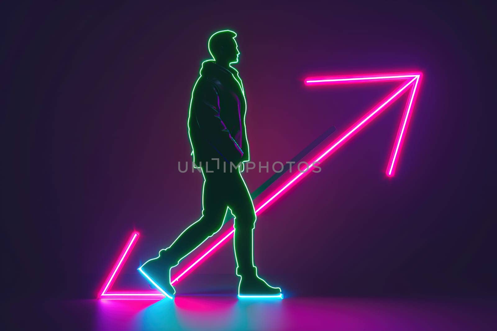 Man walking up a futuristic, glowing arrow-shaped staircase in a sleek, corporate environment.