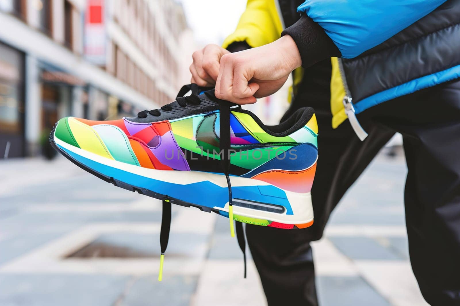 Focused shot of someone adjusting custom sneakers with intricate designs in a city setting.