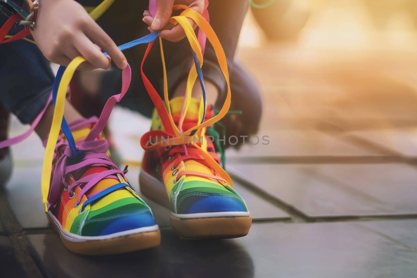 Focused shot of someone adjusting custom sneakers with intricate designs in a city setting.