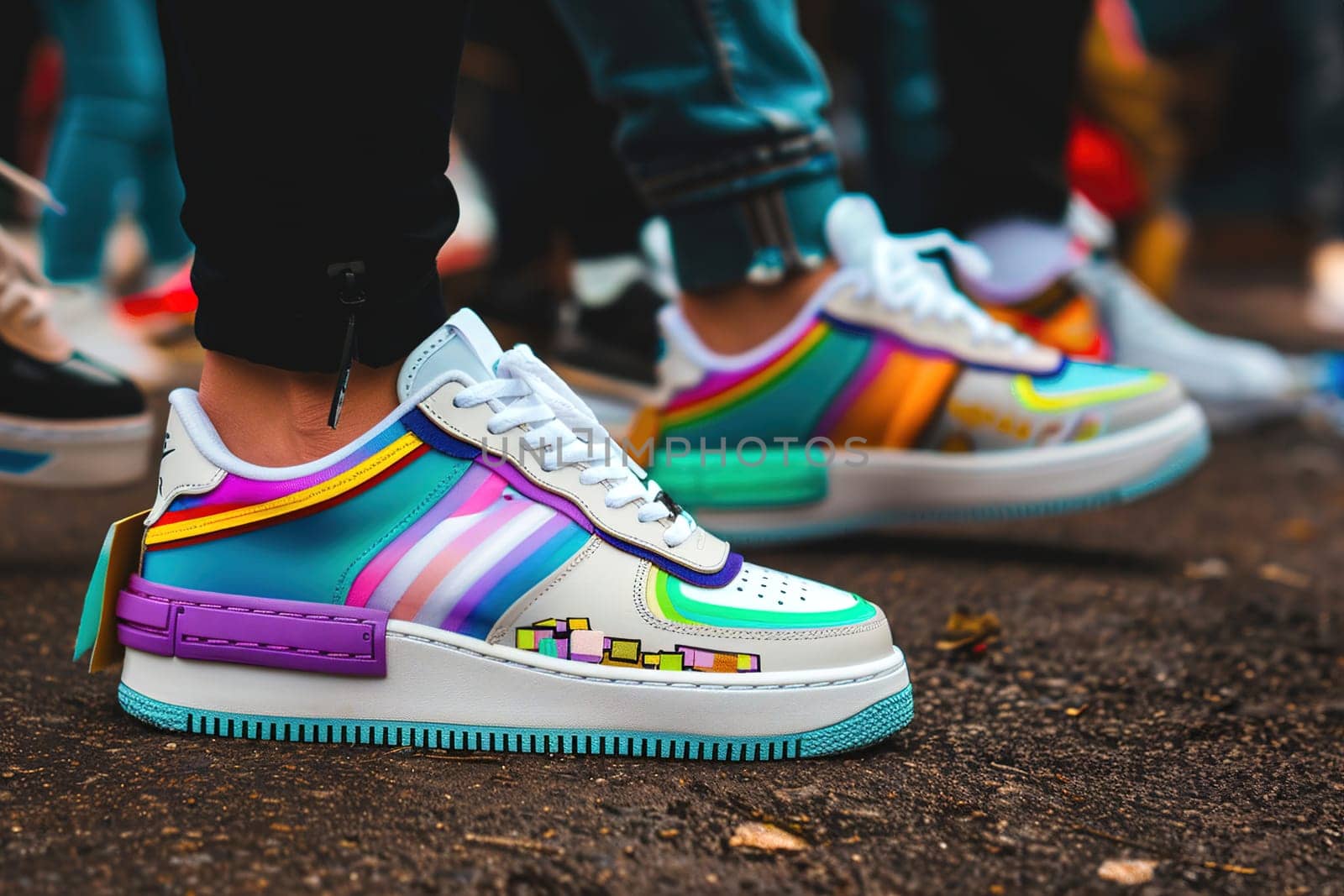 Trendy person strolling on an urban sidewalk, showcasing unique, eye-catching custom sneakers in bright hues.