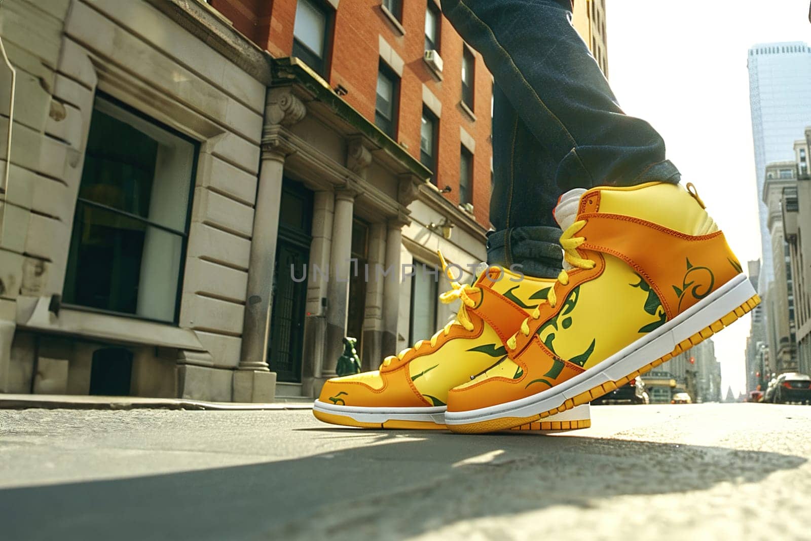 Trendy person strolling on an urban sidewalk, showcasing unique, eye-catching custom sneakers in bright hues.