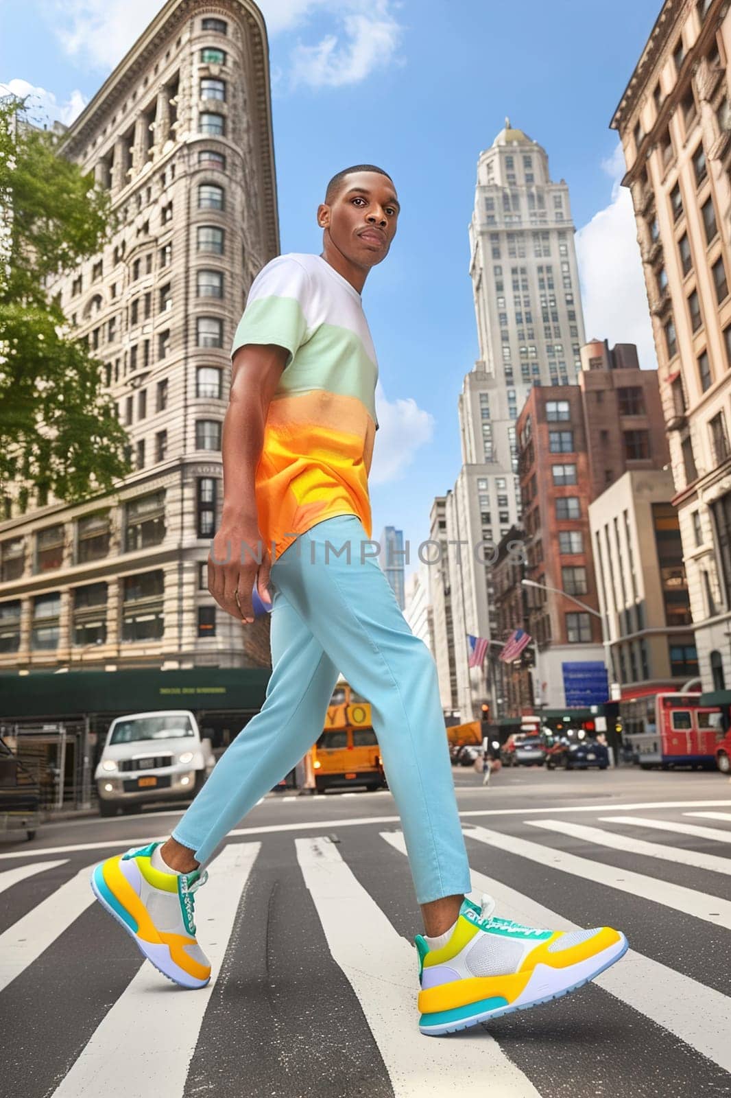 Trendy person strolling on an urban sidewalk, showcasing unique, eye-catching custom sneakers in bright hues.