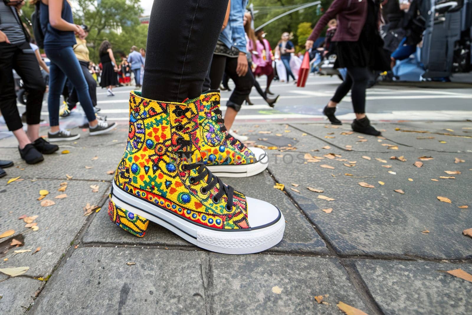 Trendy person strolling on an urban sidewalk, showcasing unique, eye-catching custom sneakers in bright hues.