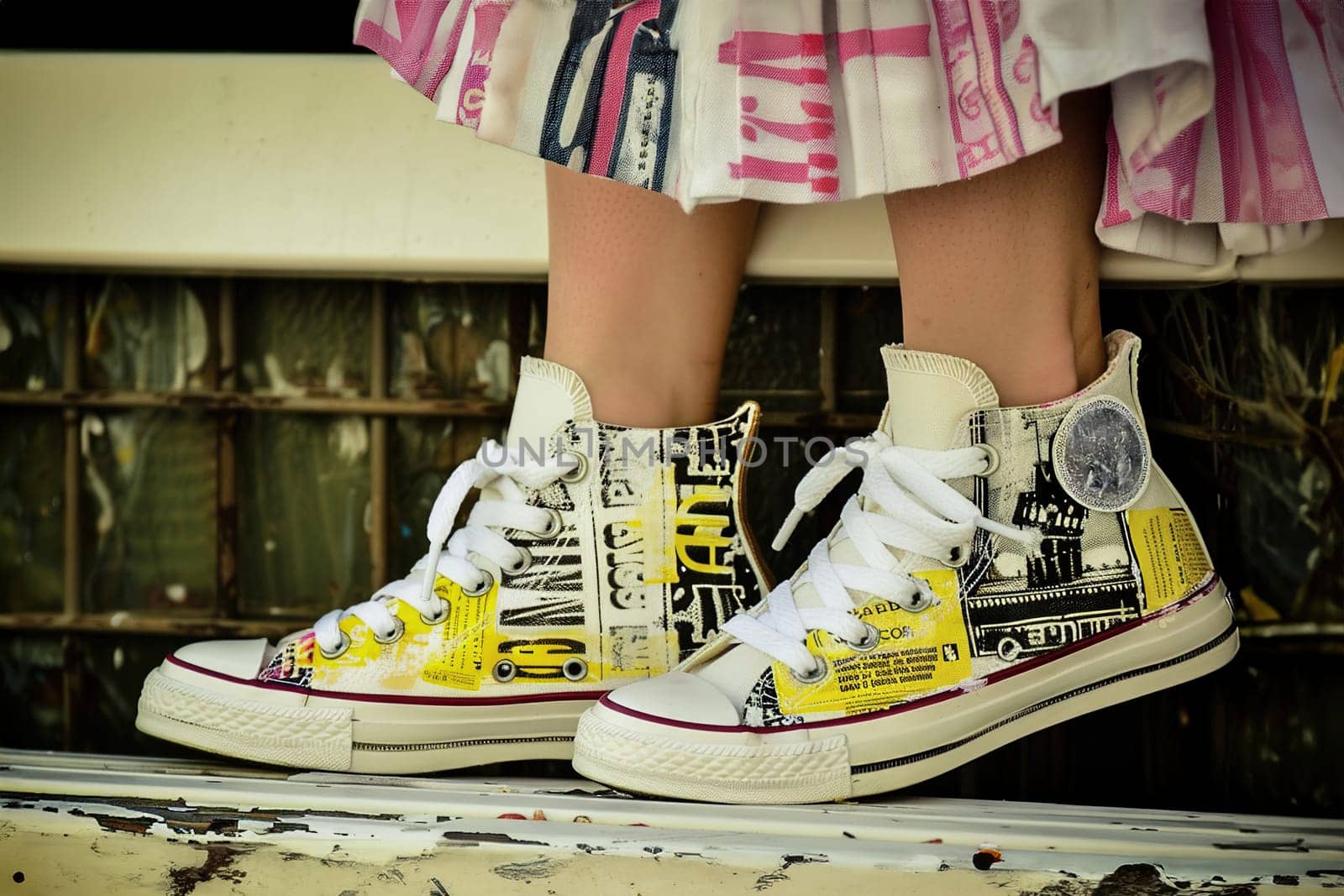 Young adult sitting on a park bench, showcasing custom sneakers with unique, detailed designs.