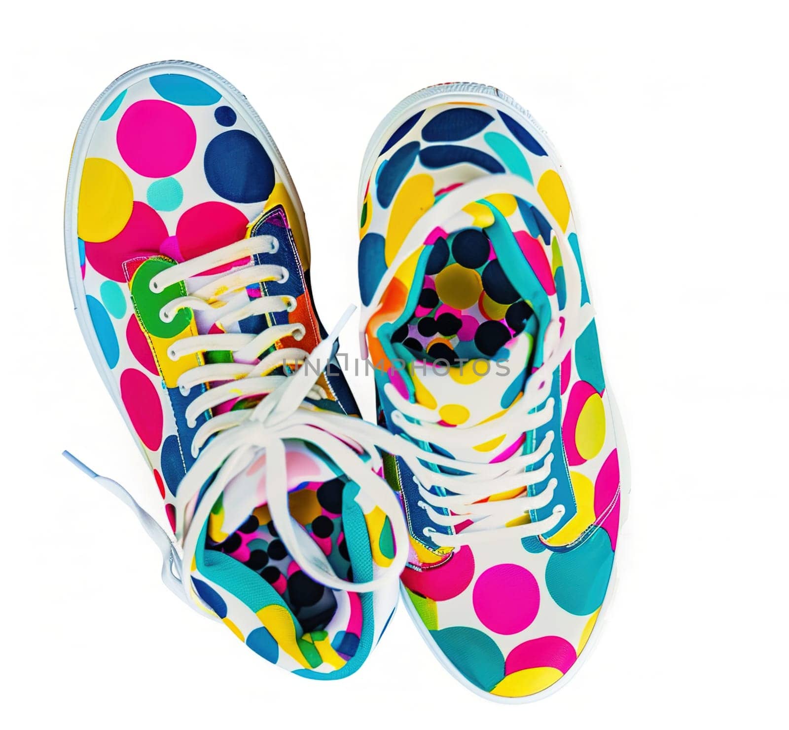 Pair of hand-painted sneakers with vibrant abstract designs, isolated on white background.