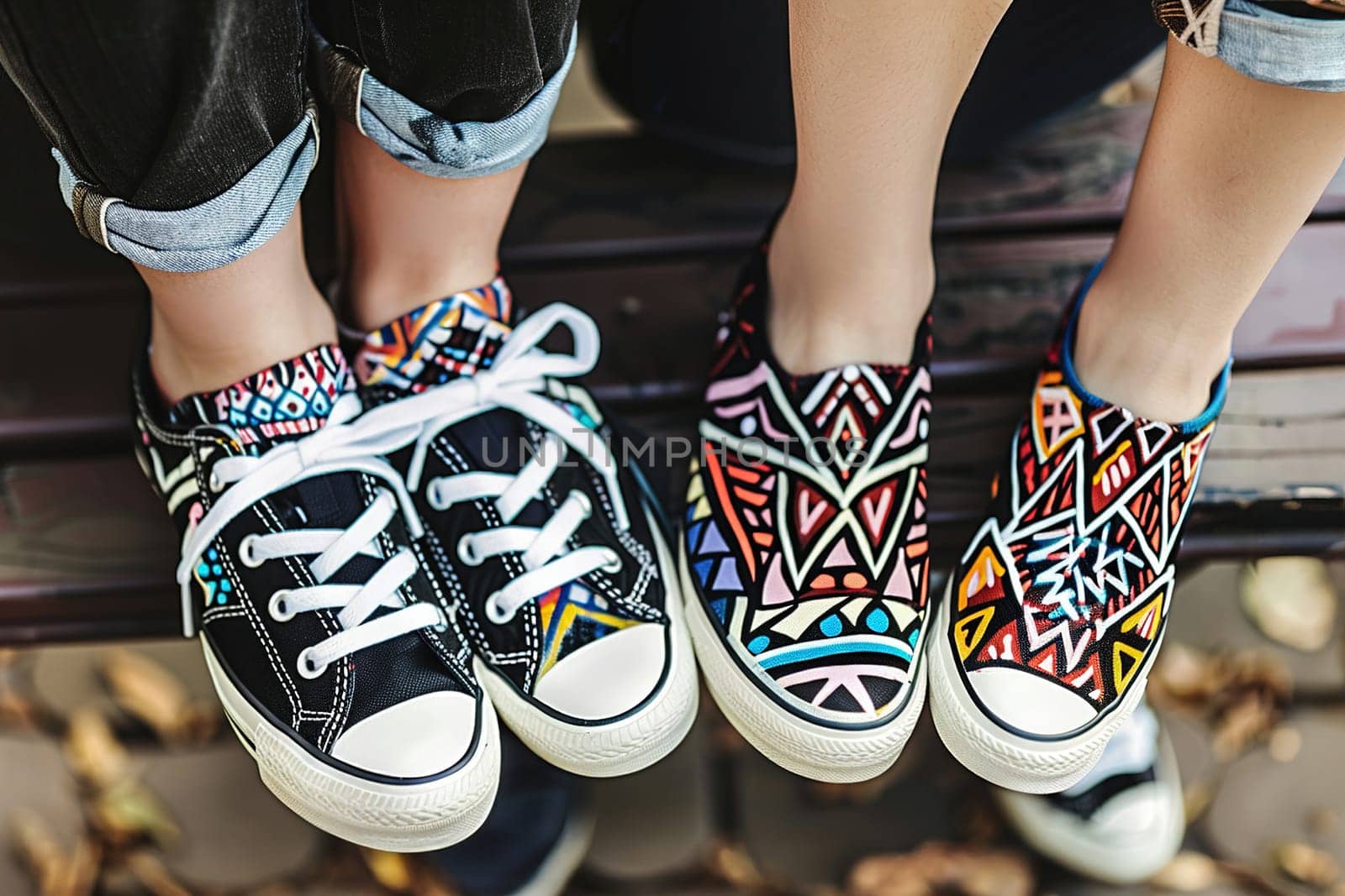 Close-up of personalized sneakers with intricate designs, worn by a young adult seated comfortably.