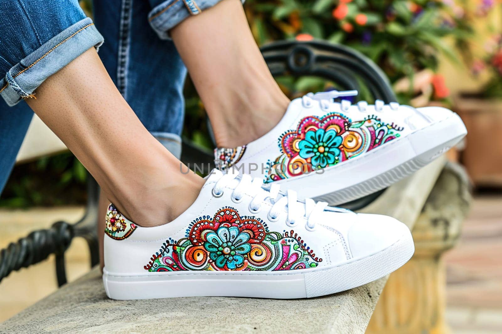 Close-up of personalized sneakers with intricate designs, worn by a young adult seated comfortably.