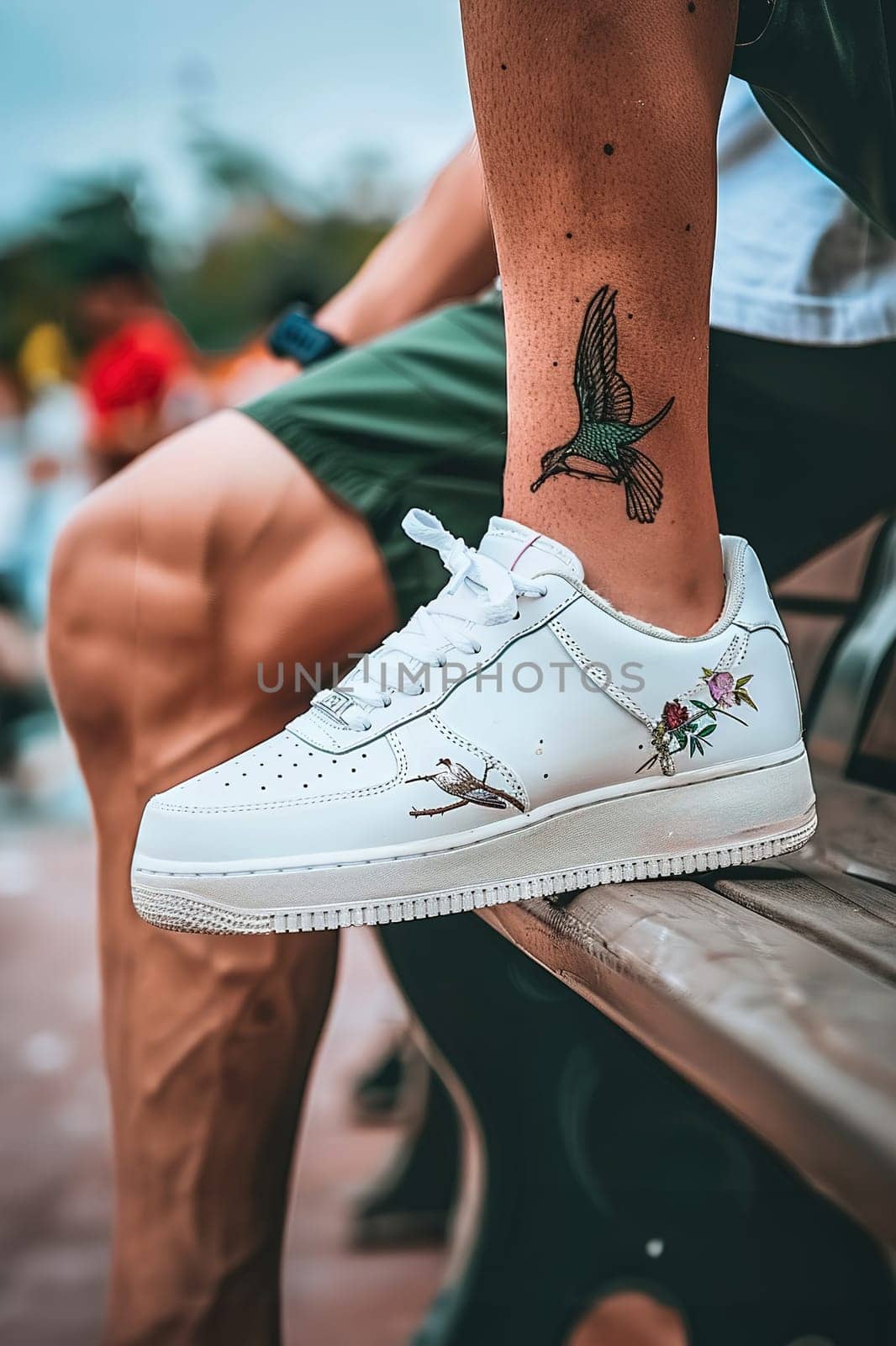 Close-up of personalized sneakers with intricate designs, worn by a young adult seated comfortably.