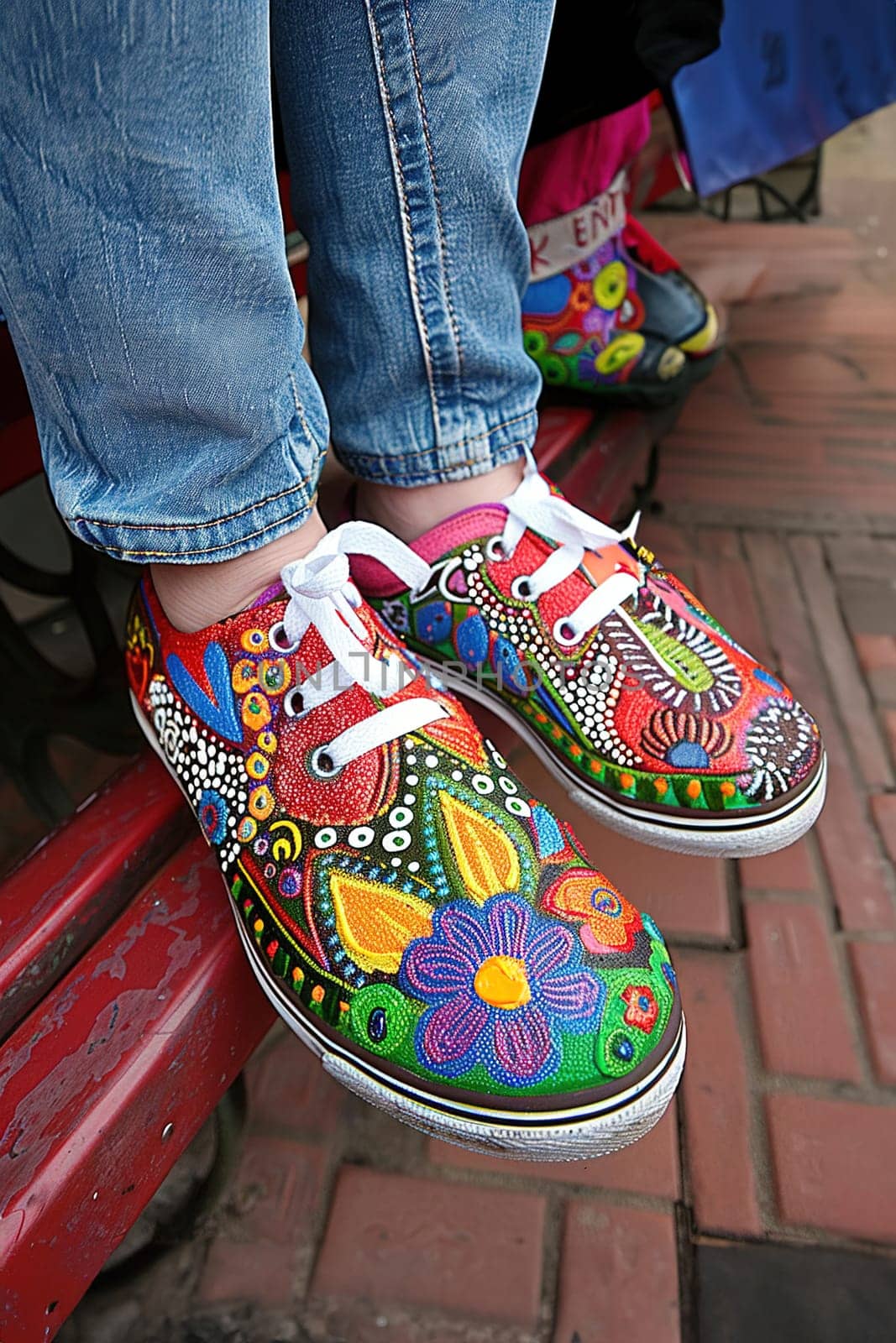 Casual fashion scene of a young person sitting, highlighting artistic sneakers with textured patterns.