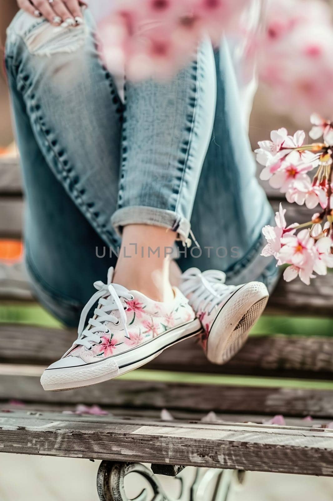 Close-up of personalized sneakers with intricate designs, worn by a young adult seated comfortably.