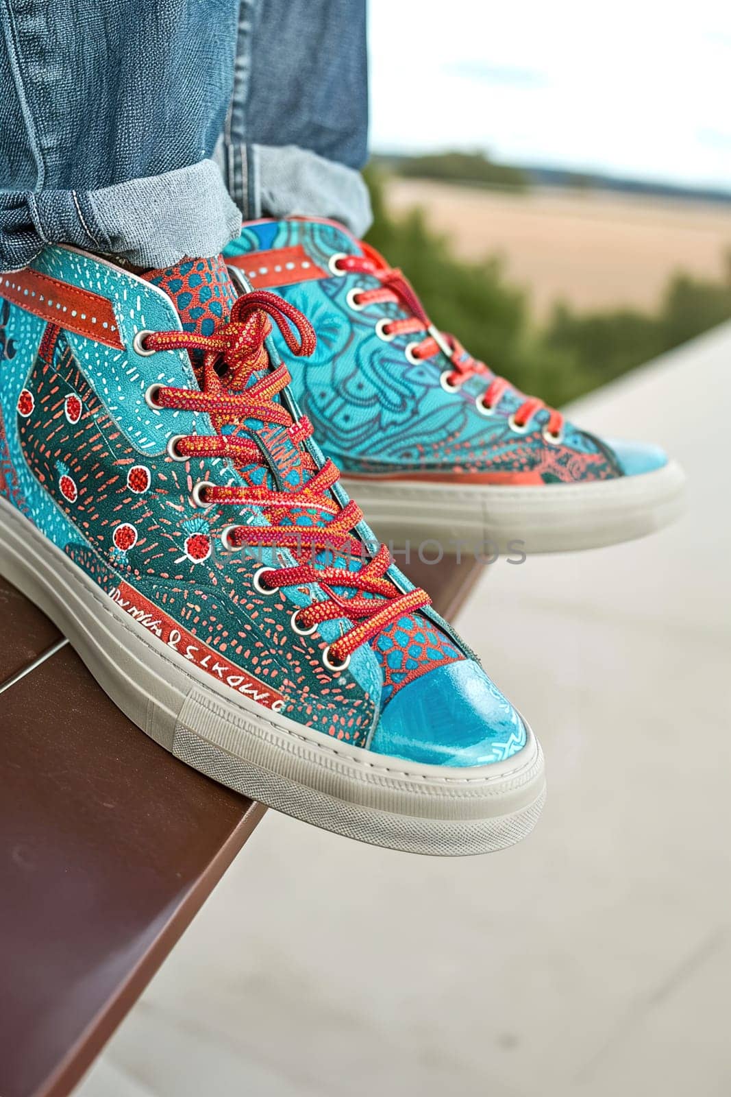Casual fashion scene of a young person sitting, highlighting artistic sneakers with textured patterns.