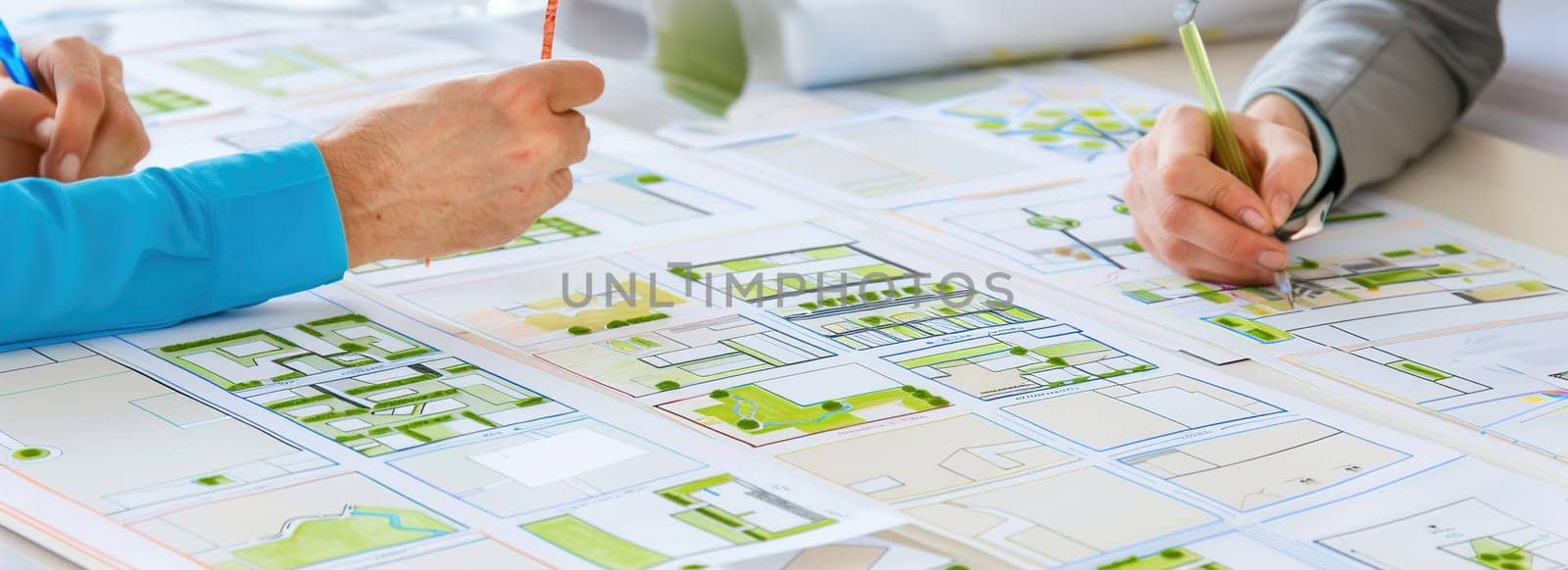 Urban planners gathered at a table, sketching eco-friendly city plans with green concept boardsл