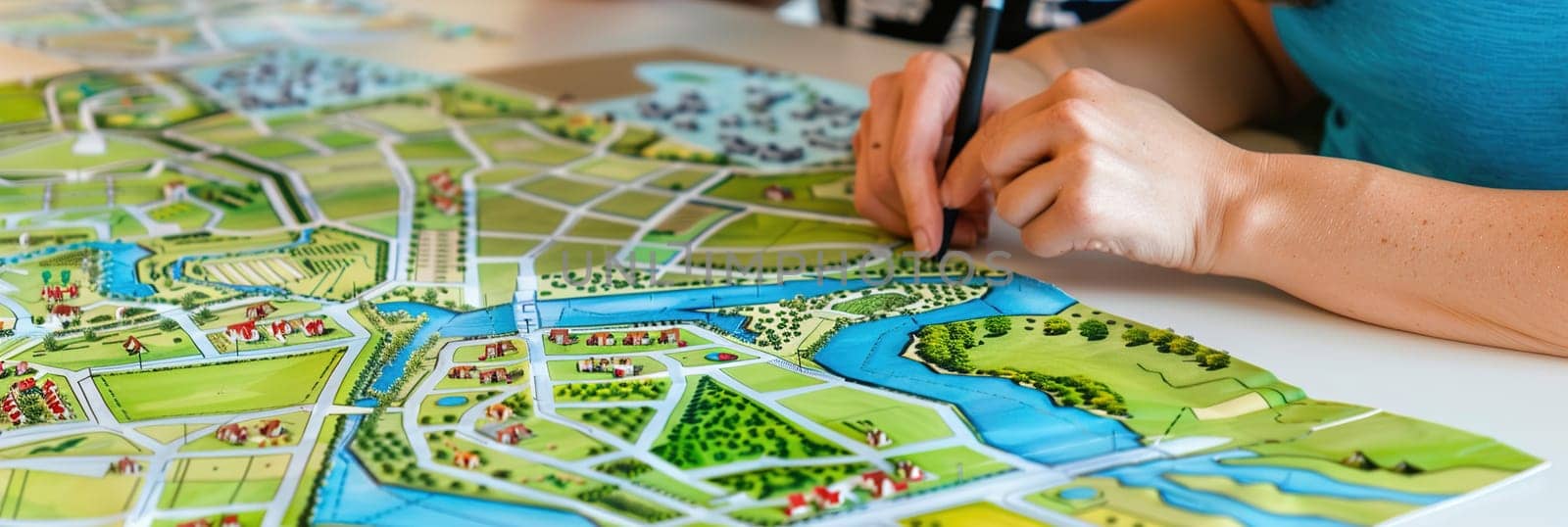 Architects and urban planners working together on sustainable city blueprints, with green building concepts.
