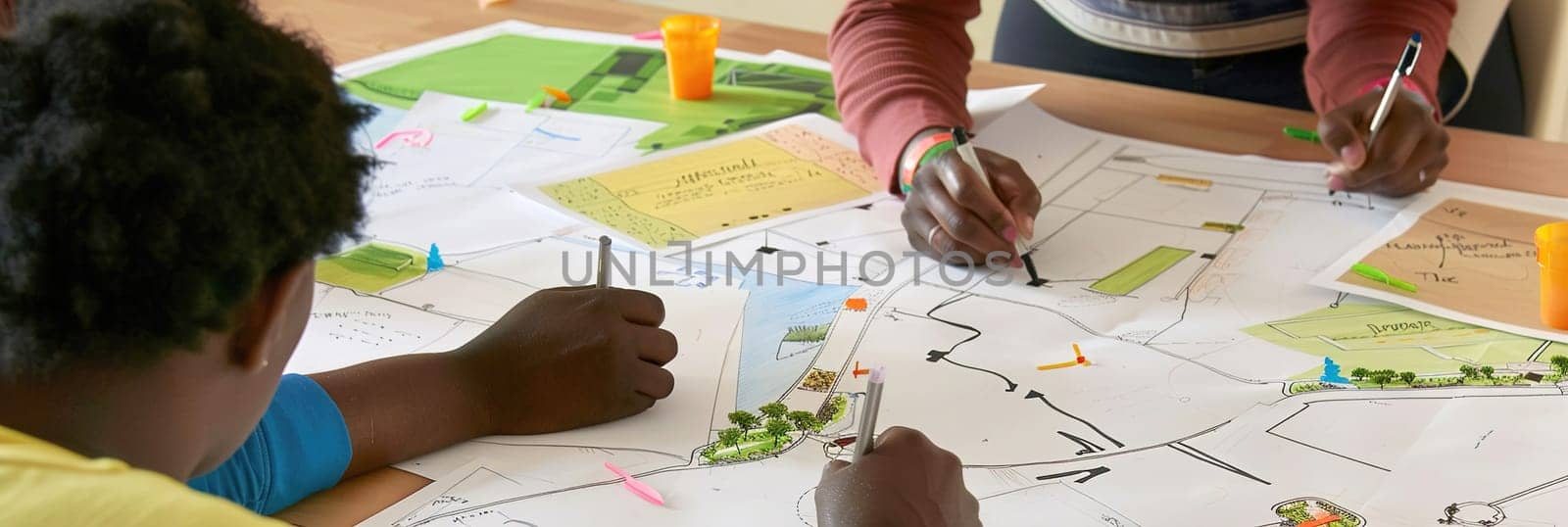Eco-friendly city planners sketching layout ideas on concept boards, discussing environmental designs and solutions.