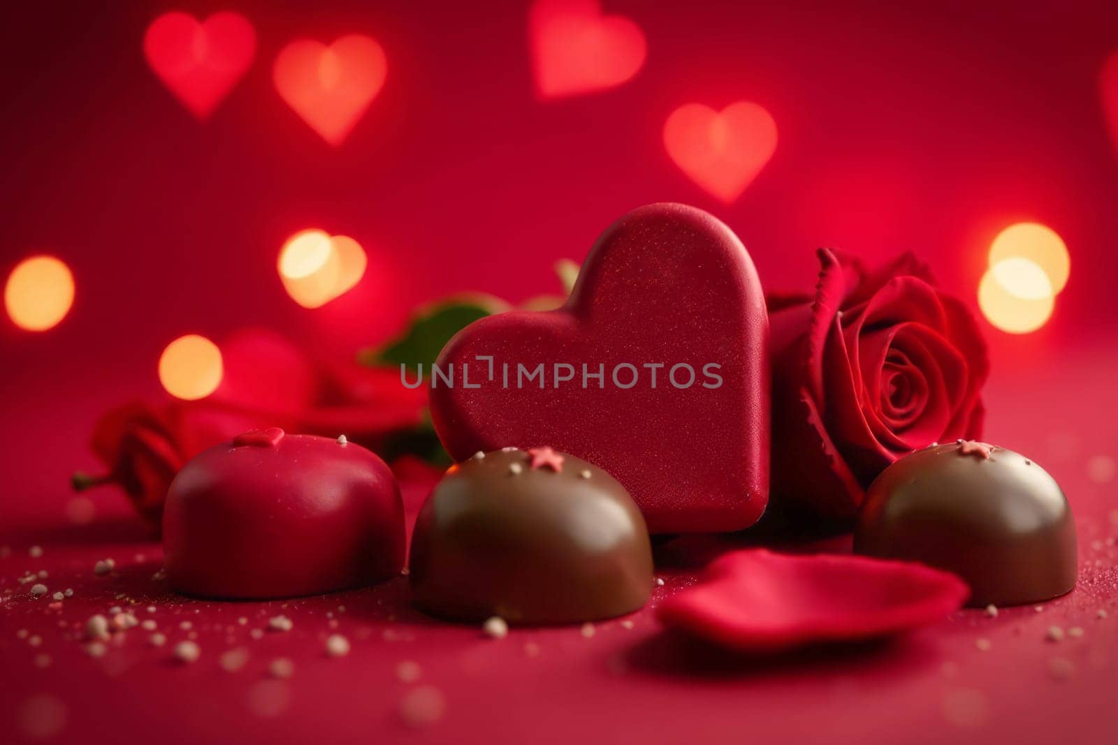 Chocolate and red candies with rose in the shape of hearts on a red background with bokeh