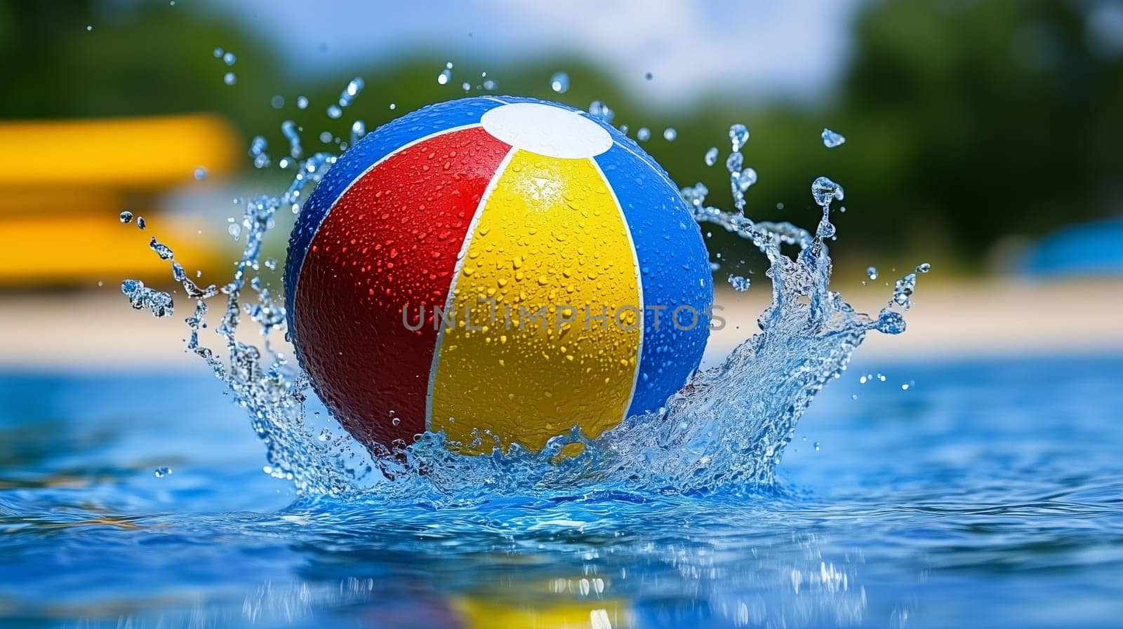 Multicolored beach ball splashing into refreshing blue swimming pool water, creating playful droplets on a sunny summer day