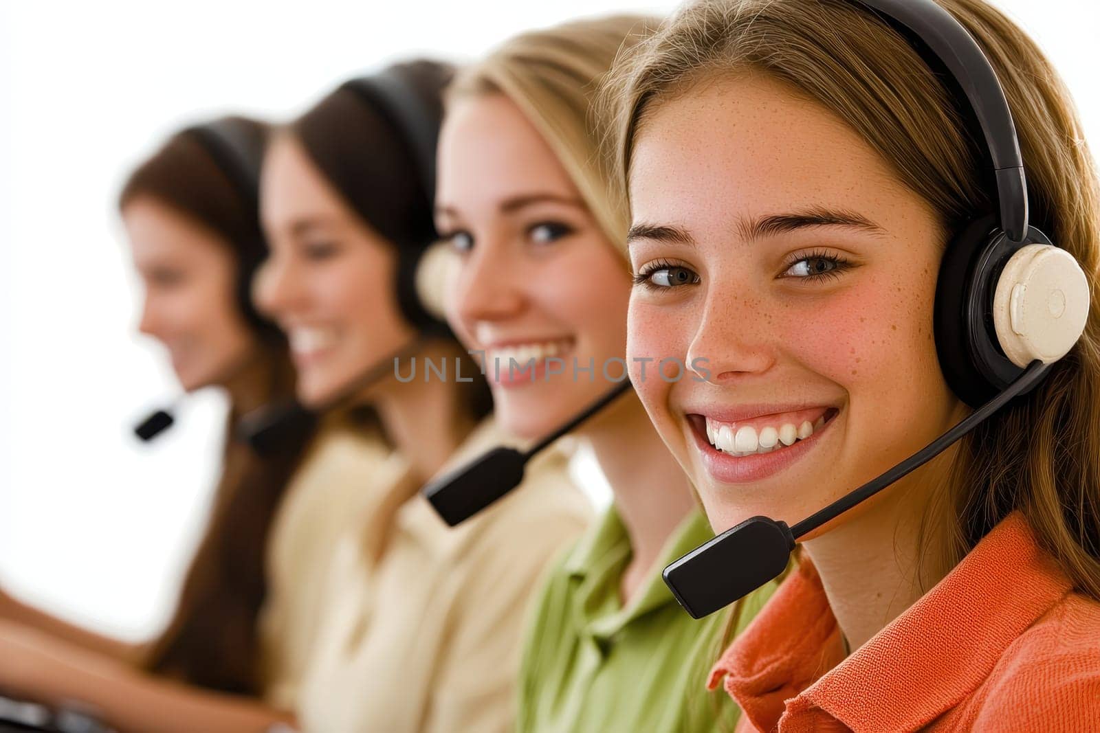 A cheerful woman wearing a headset smiles while working in a call center. This image captures a collaborative and supportive customer service environment among a young team.