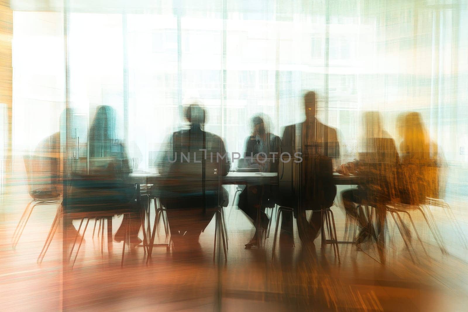 A captivating abstract representation of a meeting with blurred silhouettes in a modern office setting, emphasizing teamwork and collaboration.