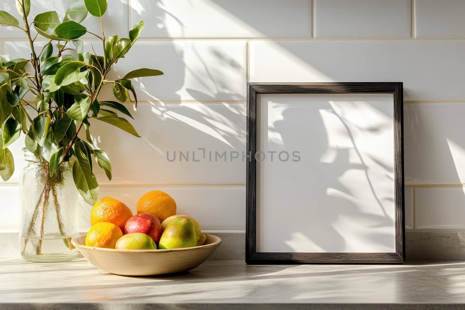 A bright kitchen scene showcasing a blank frame beside a bowl of fresh fruits and a green plant, illuminated by natural sunlight. The airy atmosphere evokes a sense of freshness and simplicity.