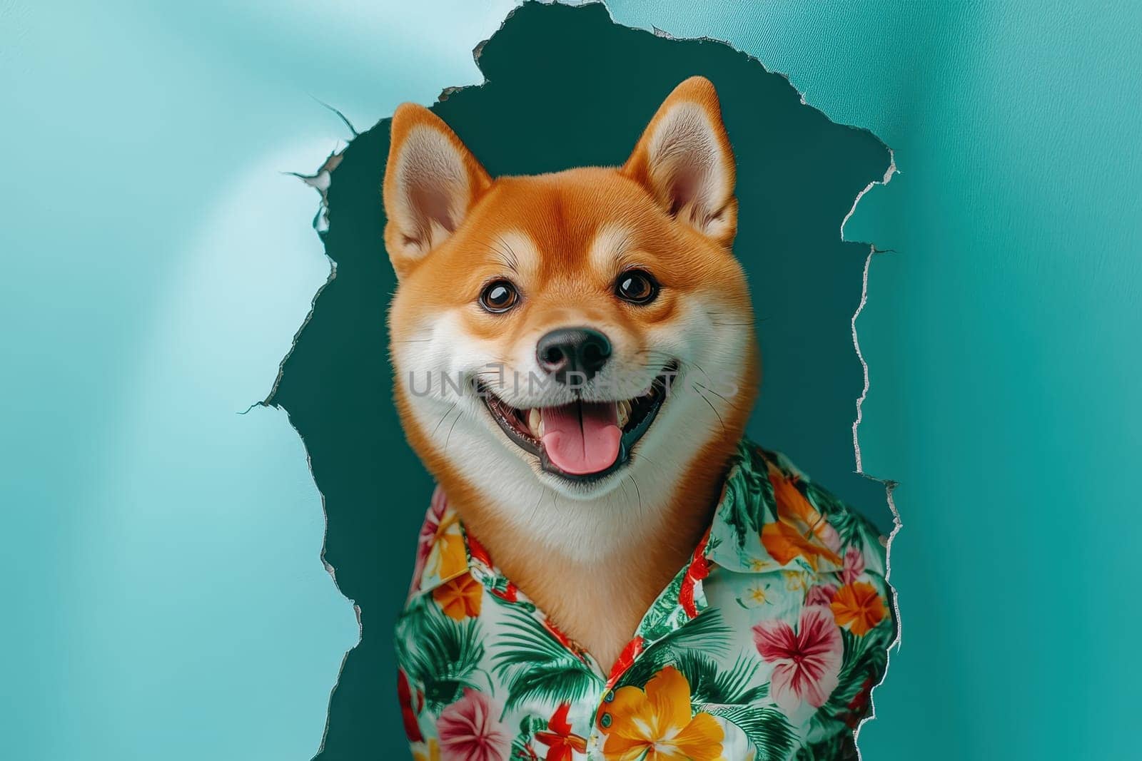 A cheerful Shiba Inu dog wearing a colorful tropical shirt joyfully peers through a torn wall. The vibrant image captures a playful moment, radiating happiness.