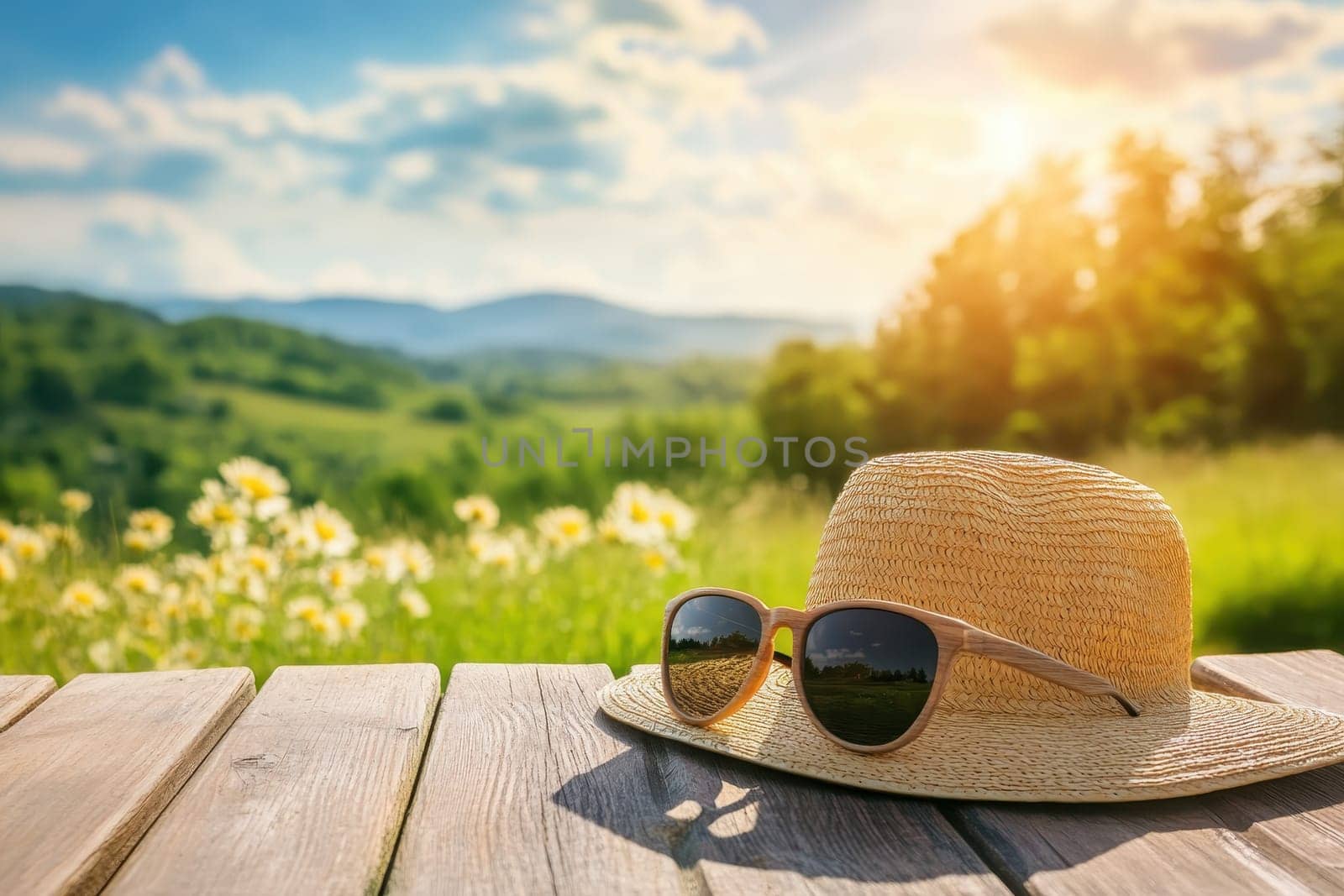 A stylish straw hat and sunglasses rest on a wooden deck, surrounded by a picturesque nature setting. Enjoy the warm sunshine and tranquil atmosphere.