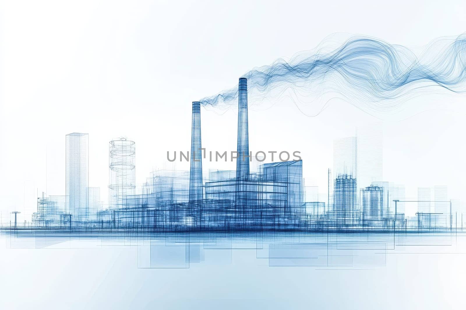 This digital illustration depicts a futuristic industrial landscape with factories and vapor in blue tones, representing modern technology and innovation.