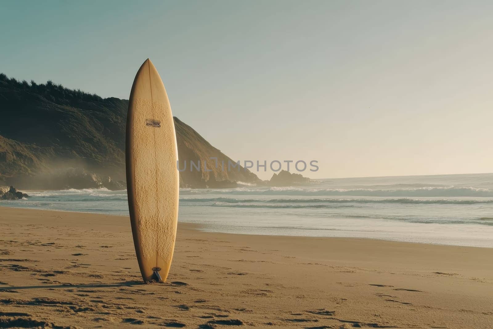 A vintage surfboard stands tall on a serene sandy beach, surrounded by soft ocean waves and a stunning coastal landscape at sunrise, reflecting tranquility.