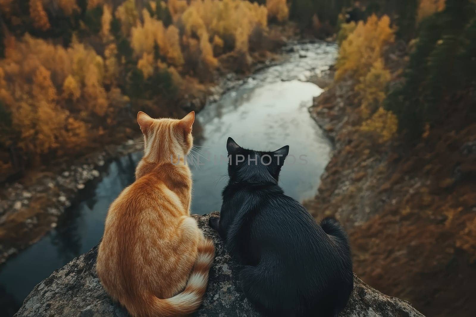 Two adorable cats sit side by side on a rock, gazing at a beautiful river surrounded by vibrant autumn foliage. A perfect serene moment in nature.
