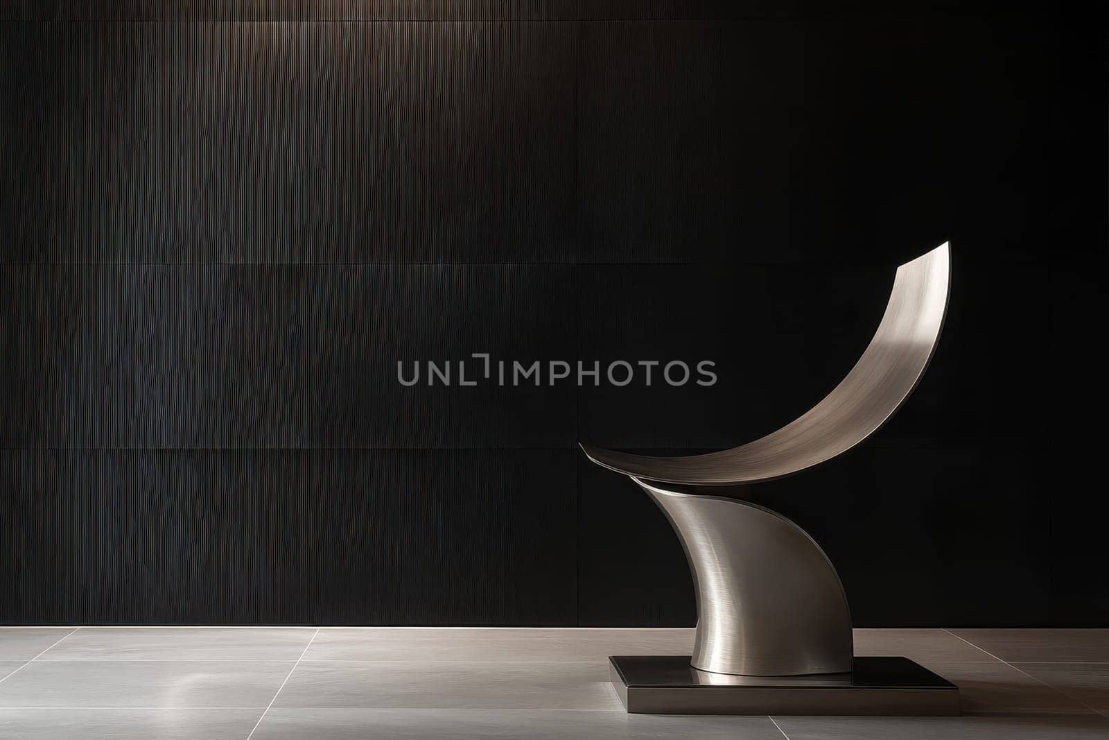 A striking modern chair features a graceful curved metal form, beautifully contrasting against a dark textured wall, creating a chic and artistic atmosphere.
