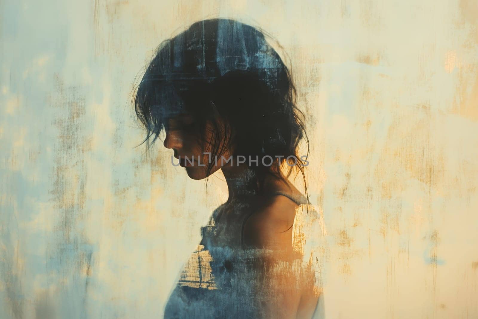 A stunning silhouette of a woman with tousled hair, set against a dreamy textured background. The image captures emotion and tranquility, evoking serenity through light and shadow.