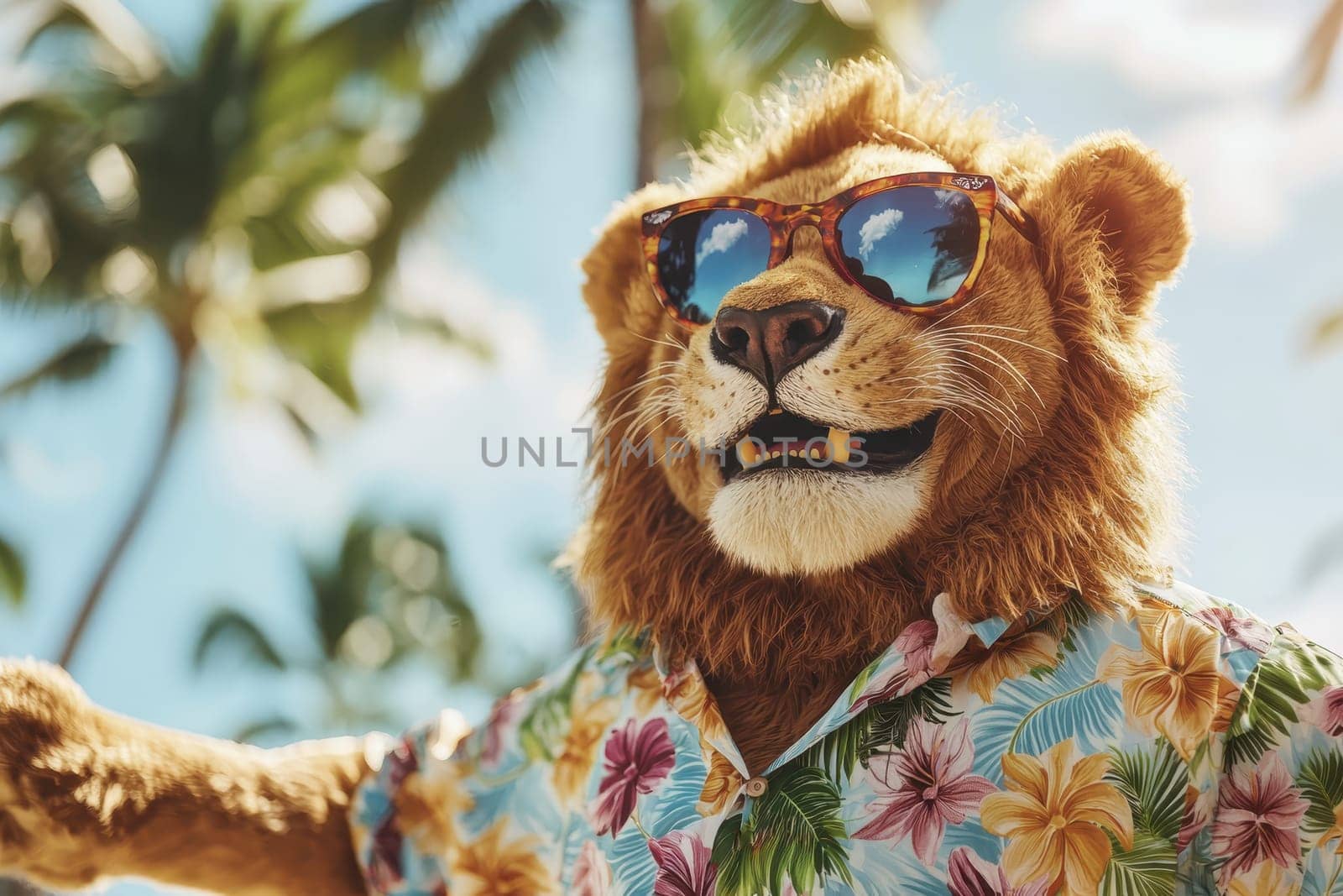 A joyful lion dressed in a vibrant tropical shirt and sunglasses, enjoying a sunny day surrounded by lush palm trees and a clear blue sky.