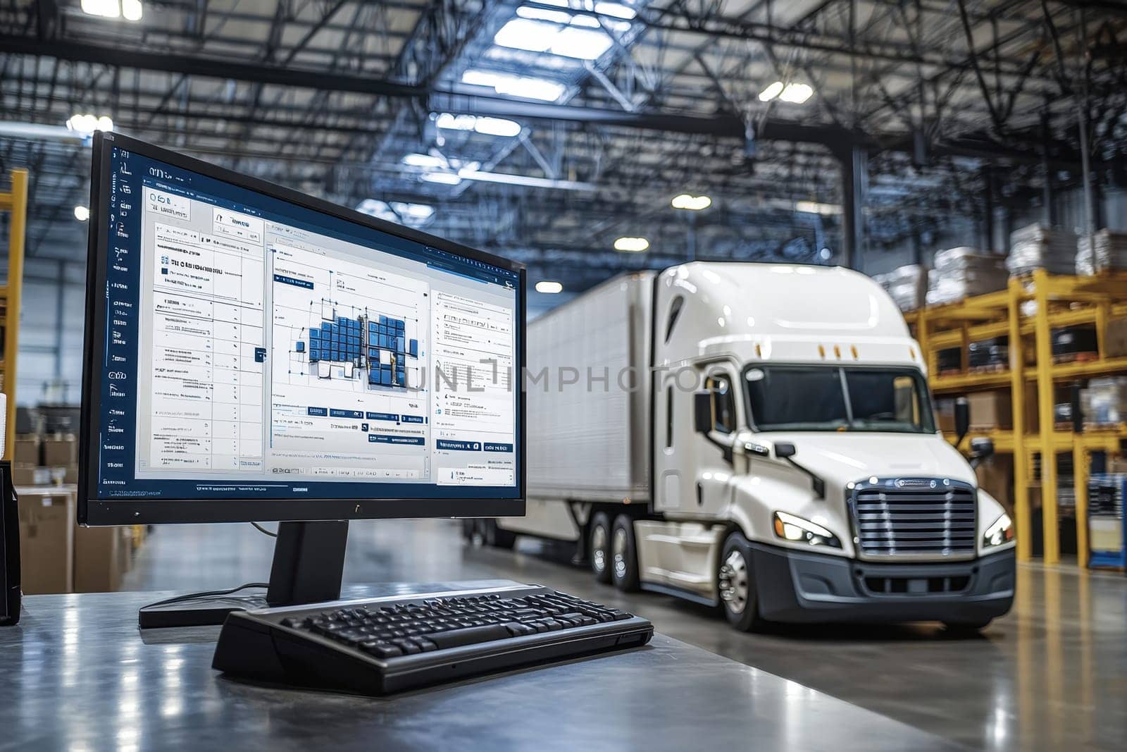 This image features a computer screen showcasing logistics software with a modern truck parked in a warehouse, emphasizing efficiency in transportation and supply chain operations.