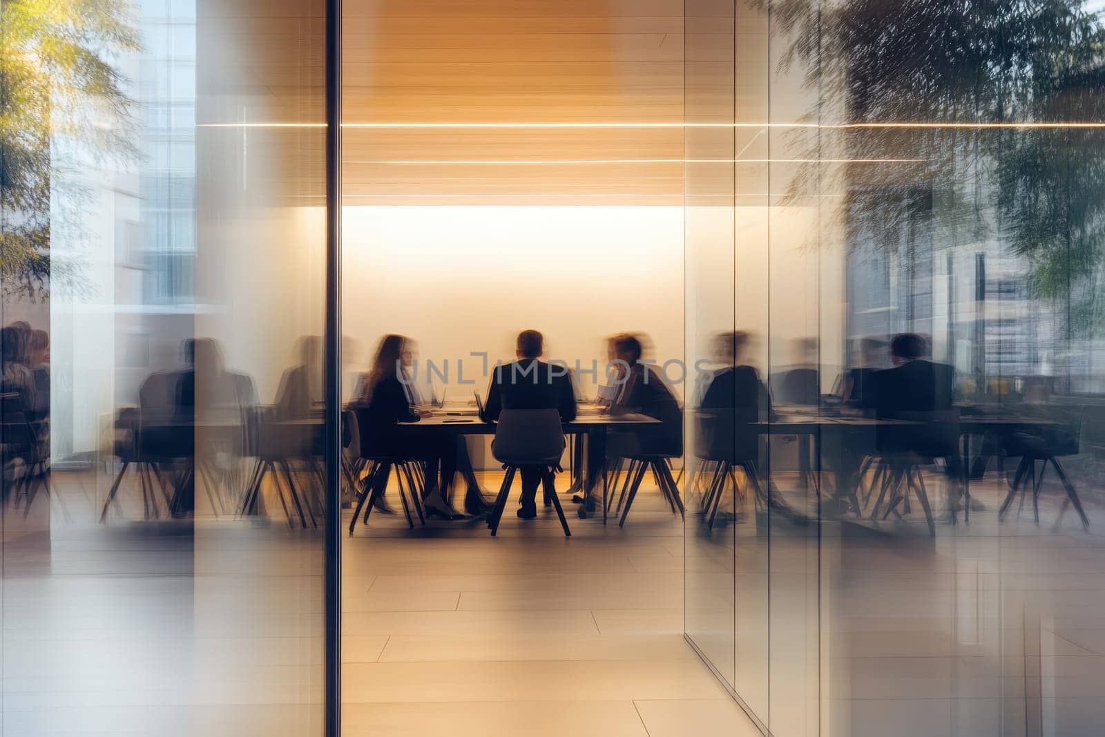 A modern office meeting in a glass-walled conference room showcases business professionals engaged in discussion. The ambiance reflects teamwork and innovation.