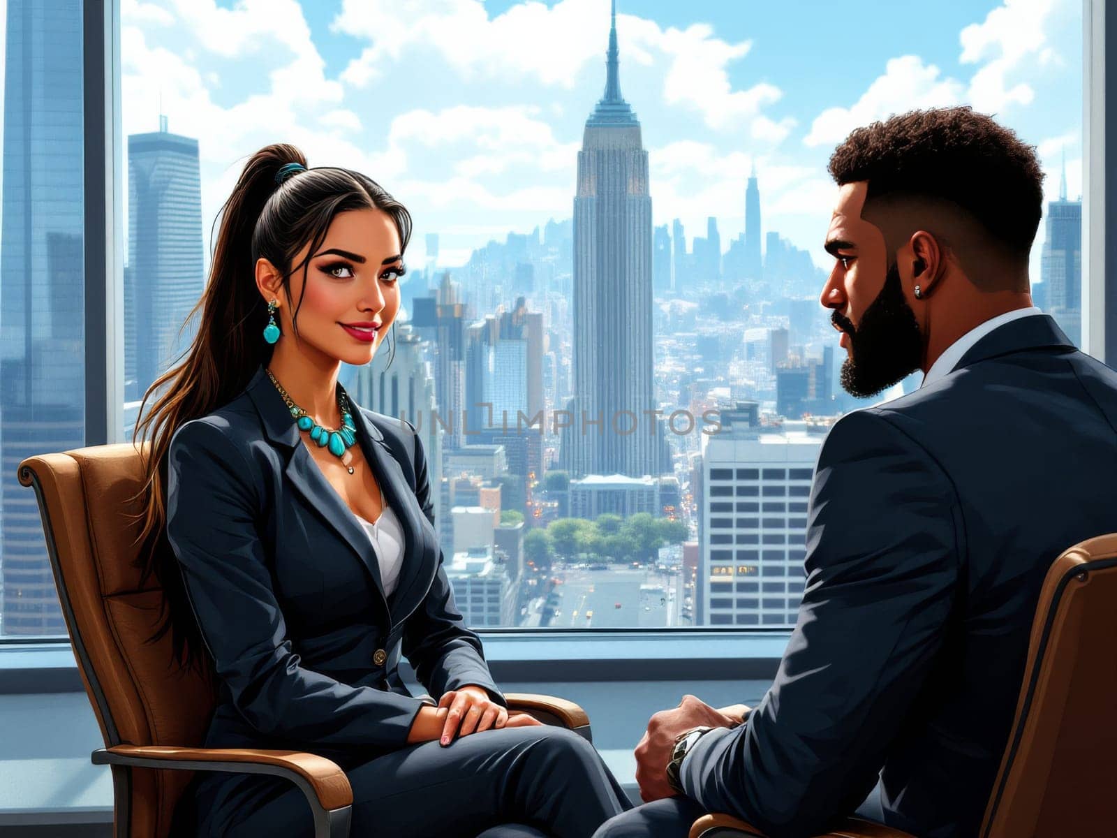 Two professionals, a man and woman in business attire, are engaged in a meeting in a high-rise office. The panoramic city view visible through the large window enhances the atmosphere.