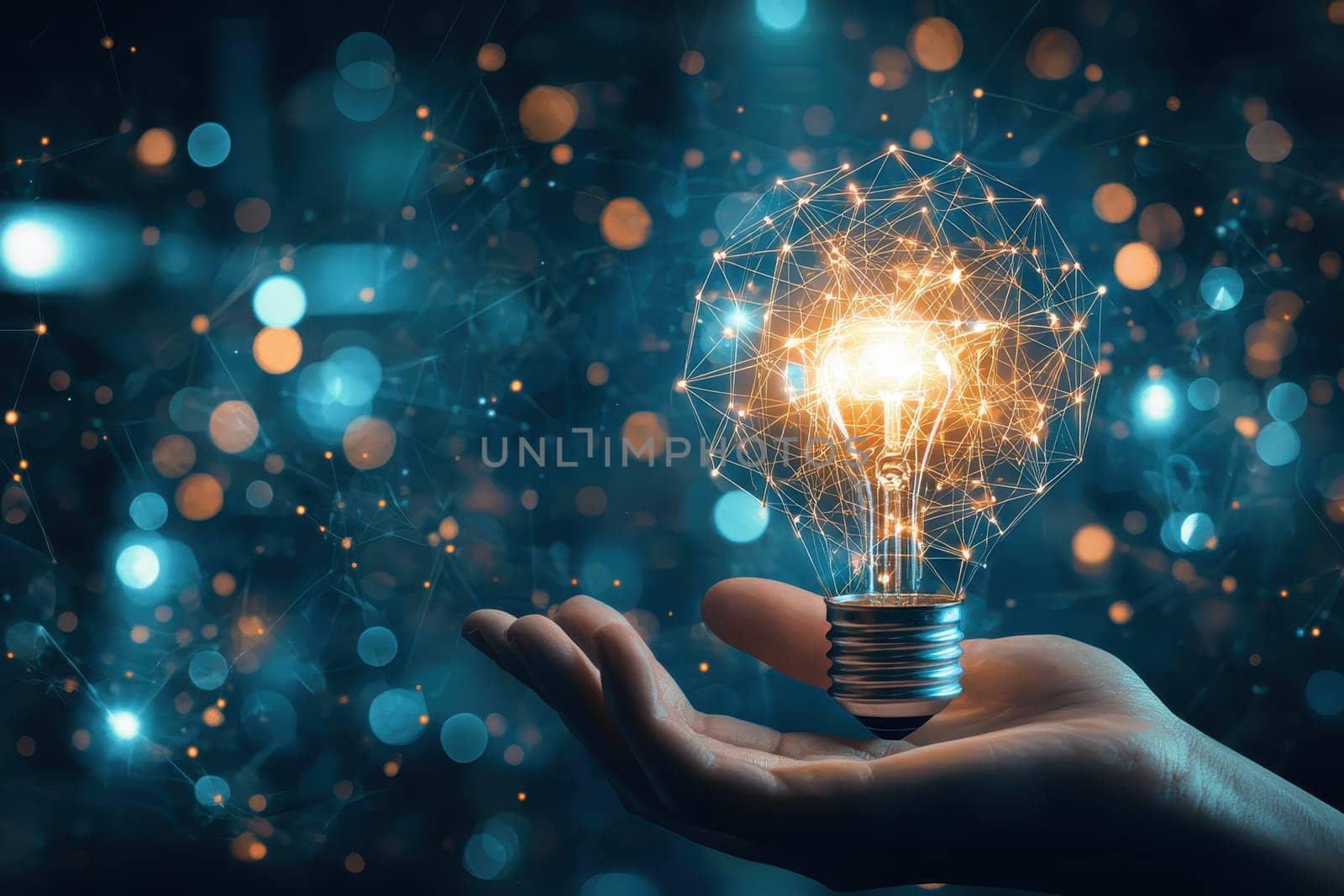 A hand holds a glowing light bulb, symbolizing creativity and innovation, surrounded by sparkling connections. The dark background enhances the vibrant illumination and abstract design.