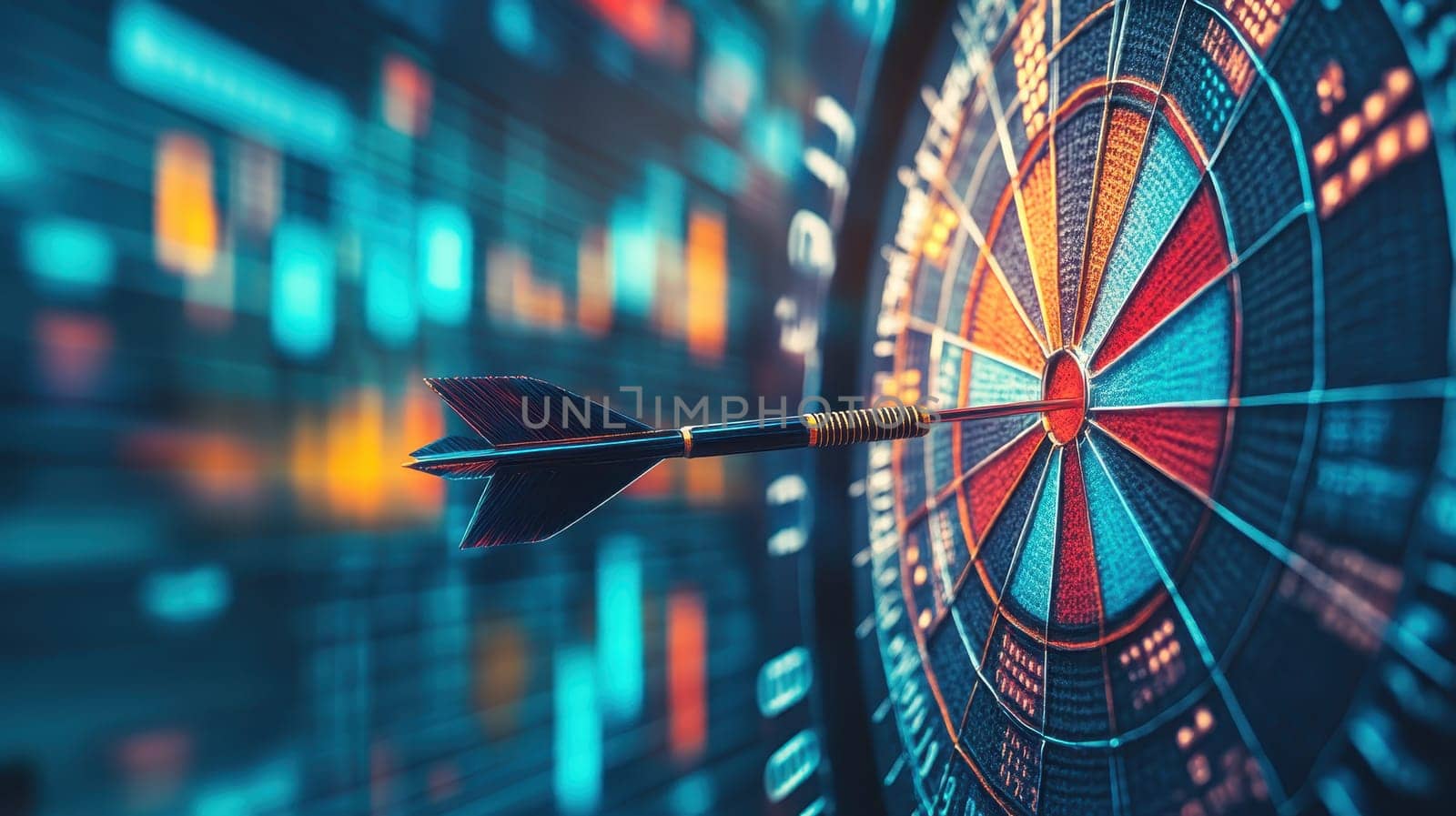 A dart is flying through a colorful background with a red bullseye. Concept of excitement and anticipation as the dart is about to hit the target