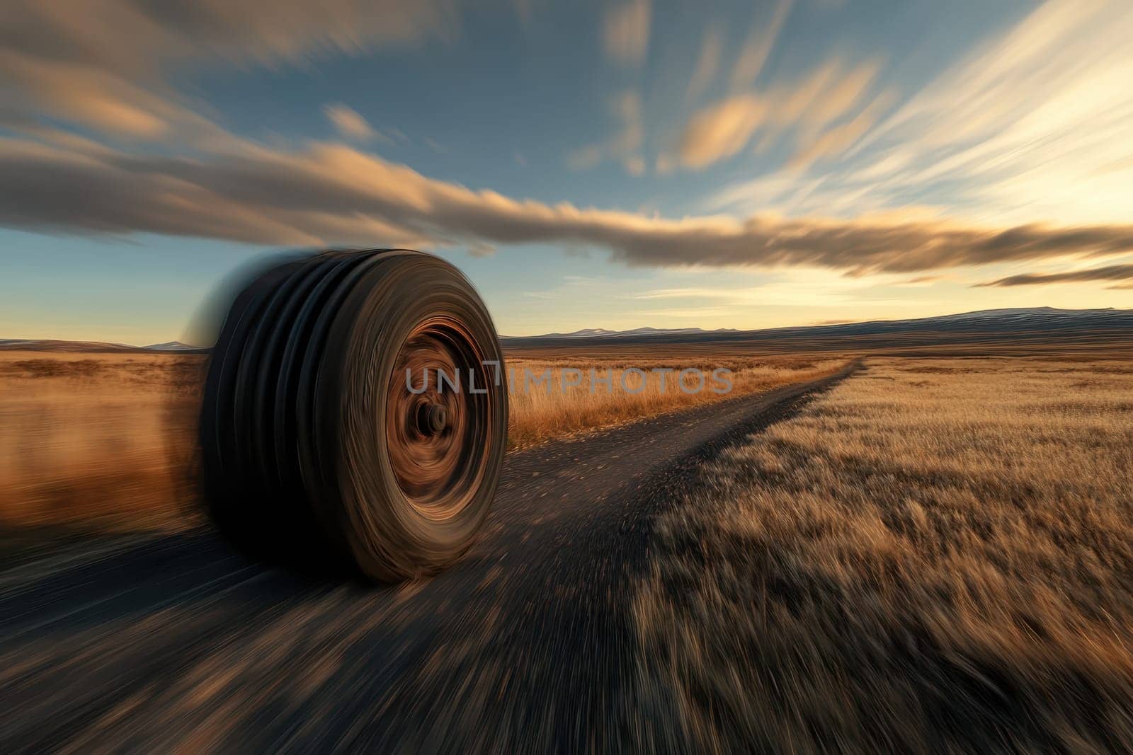A motion blurred tire rolls down a country road at sunset, creating a dynamic scene that captures the essence of freedom and adventure in a peaceful landscape.