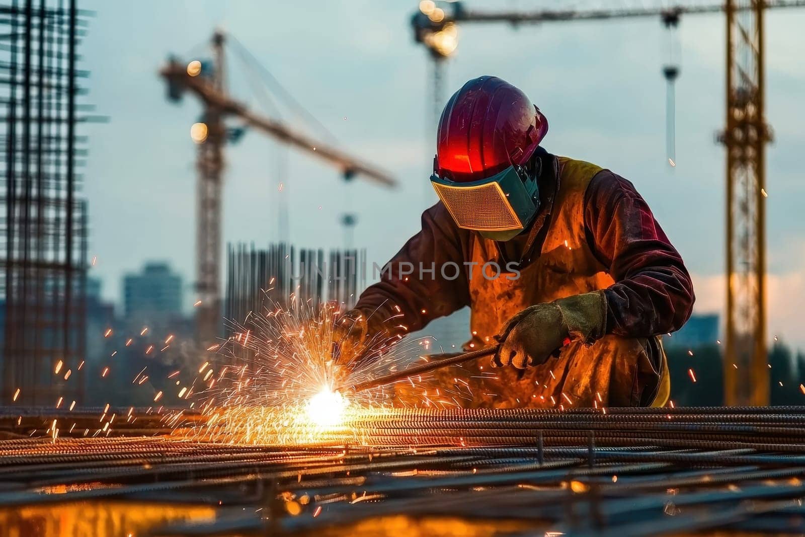 A man in a hard hat is working on a construction site. He is wearing a red helmet and a yellow vest. Concept of hard work and dedication to the job